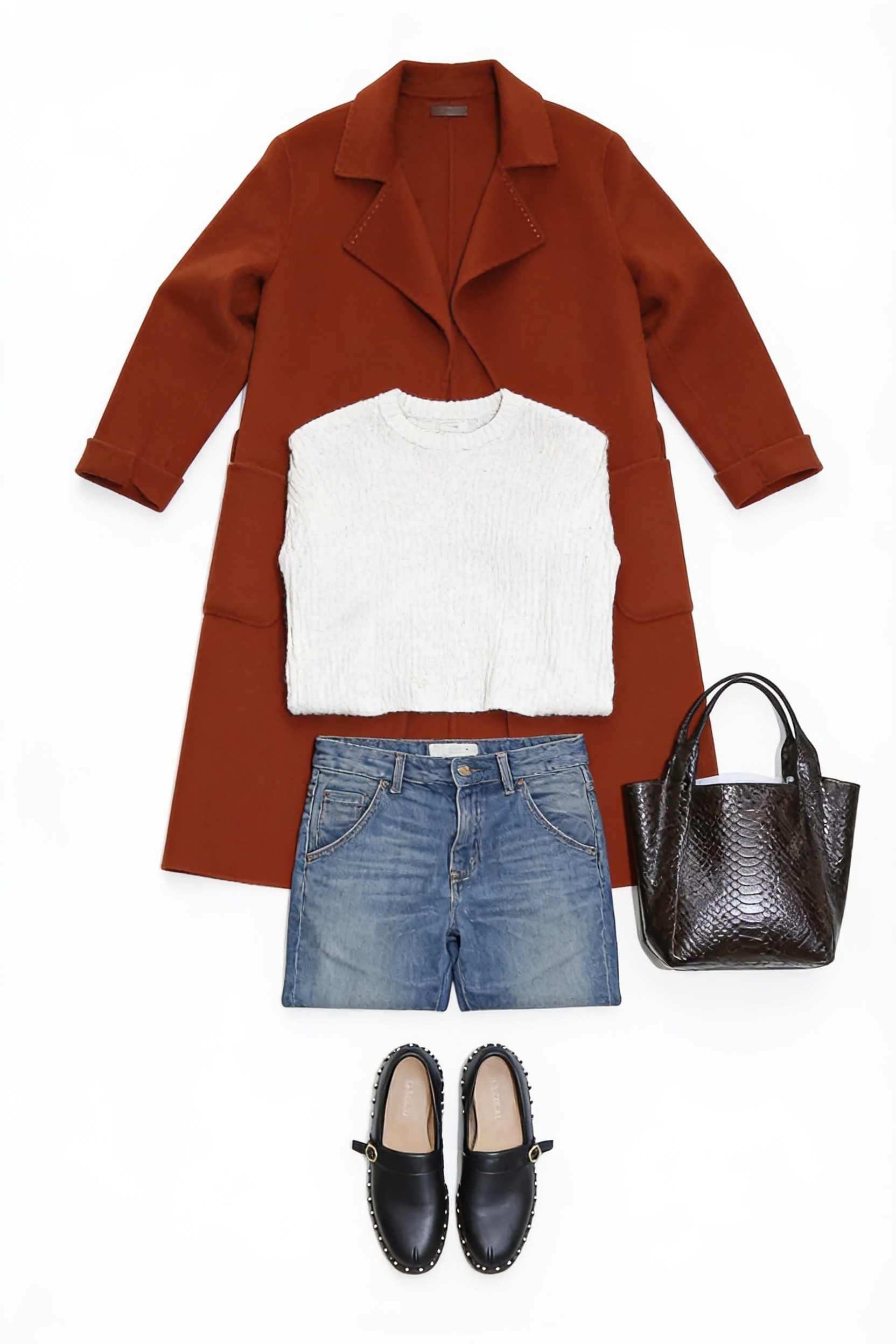 Rust long coat and straight-leg jeans