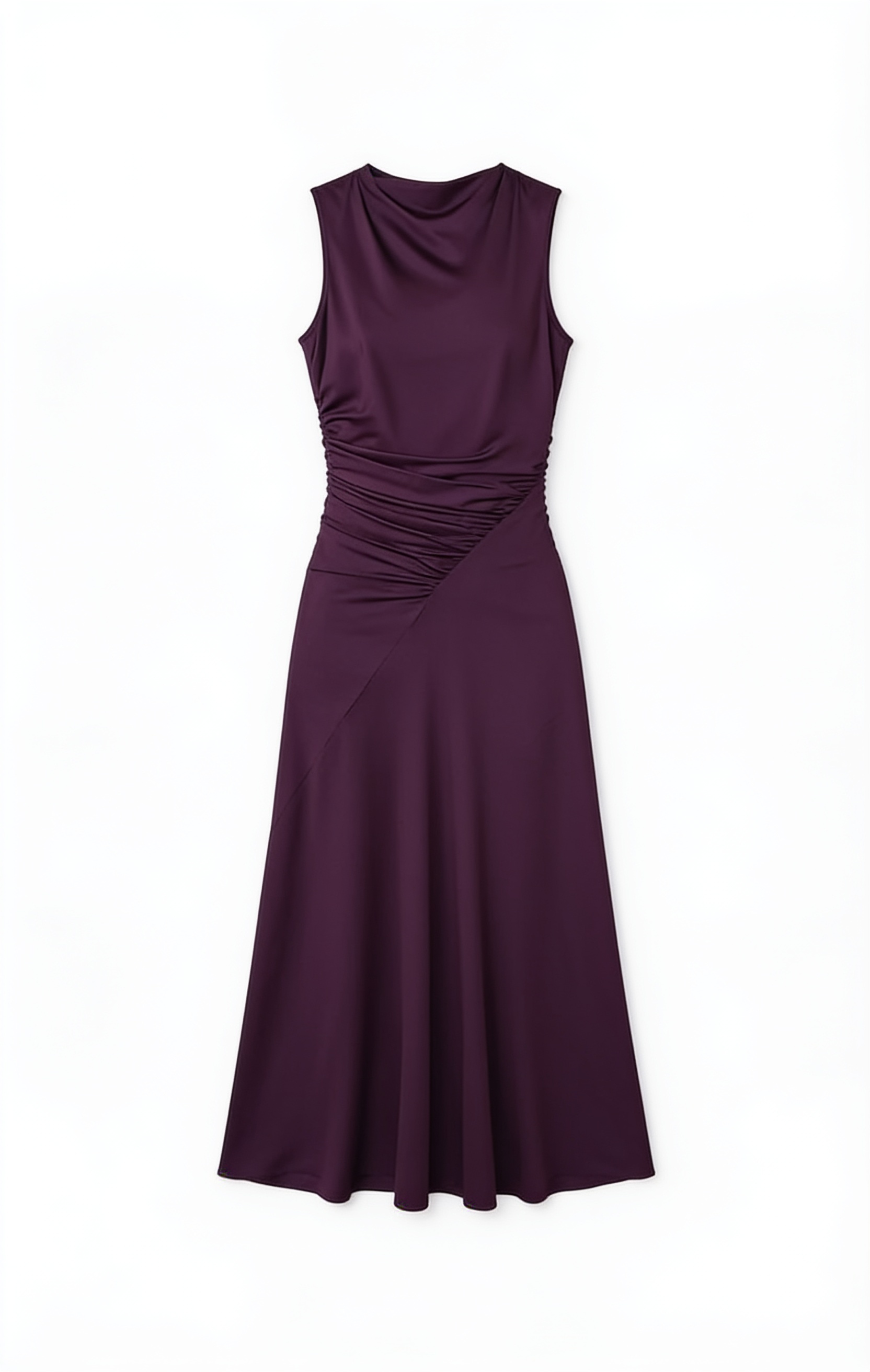 Plum sleeveless draped midi dress