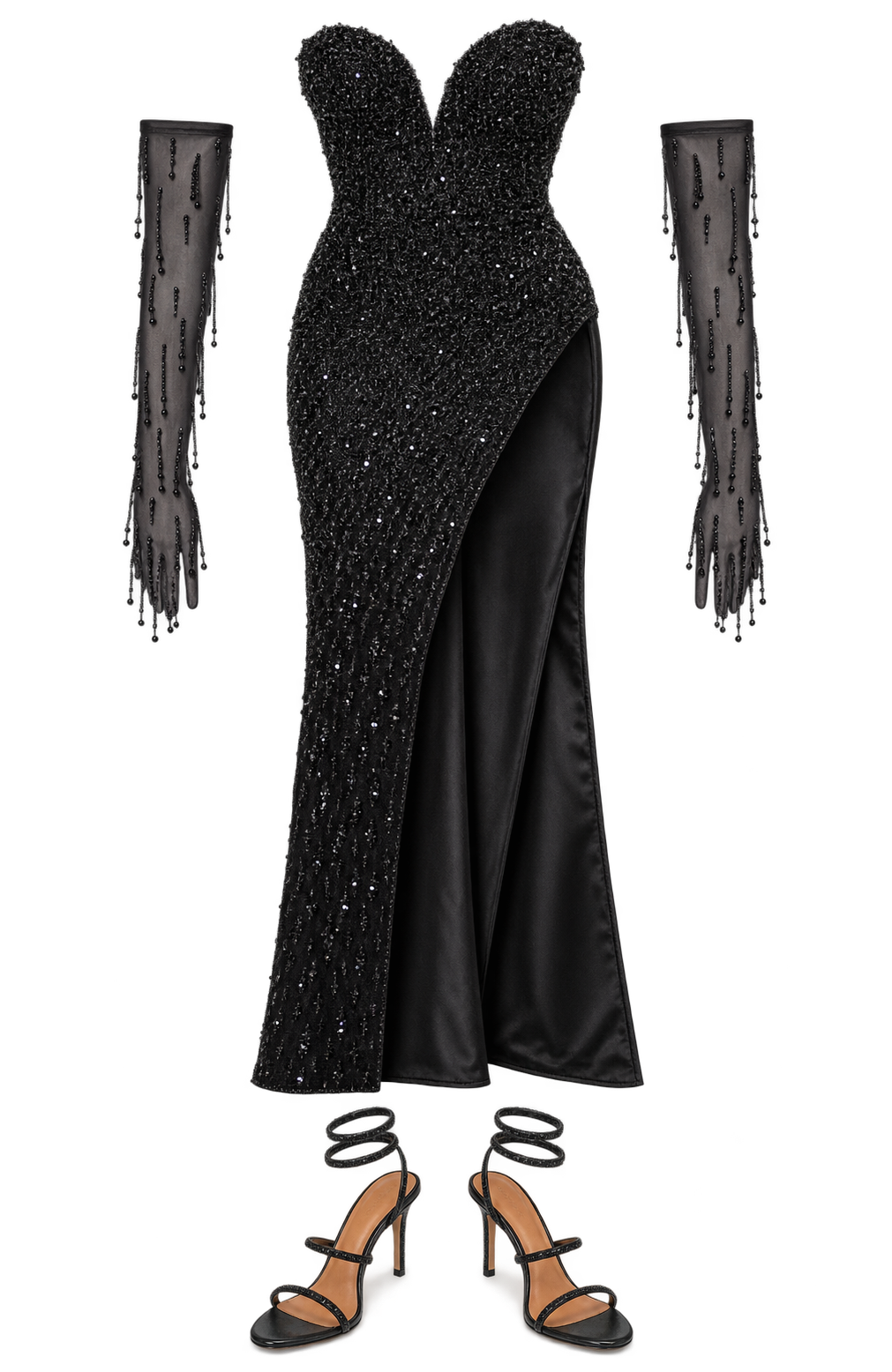 Black sparkling slit gown and opera gloves