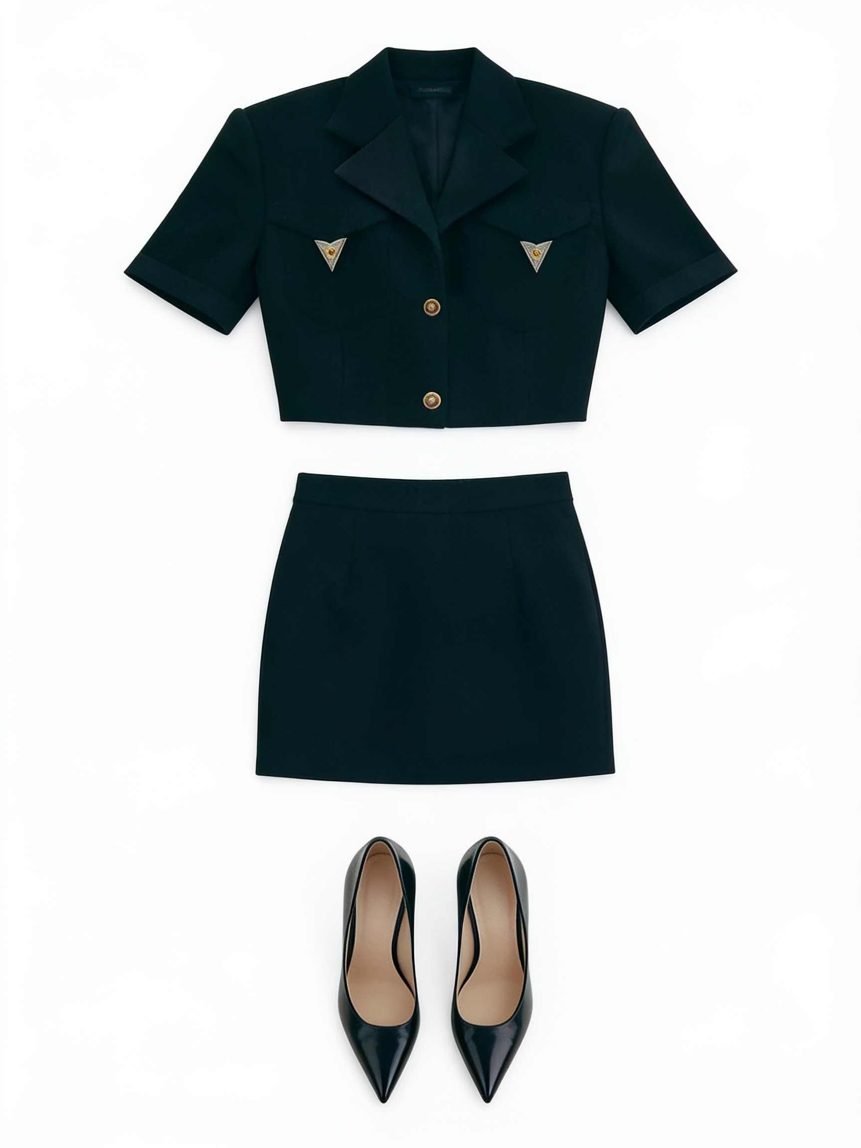 Black cropped jacket and mini skirt