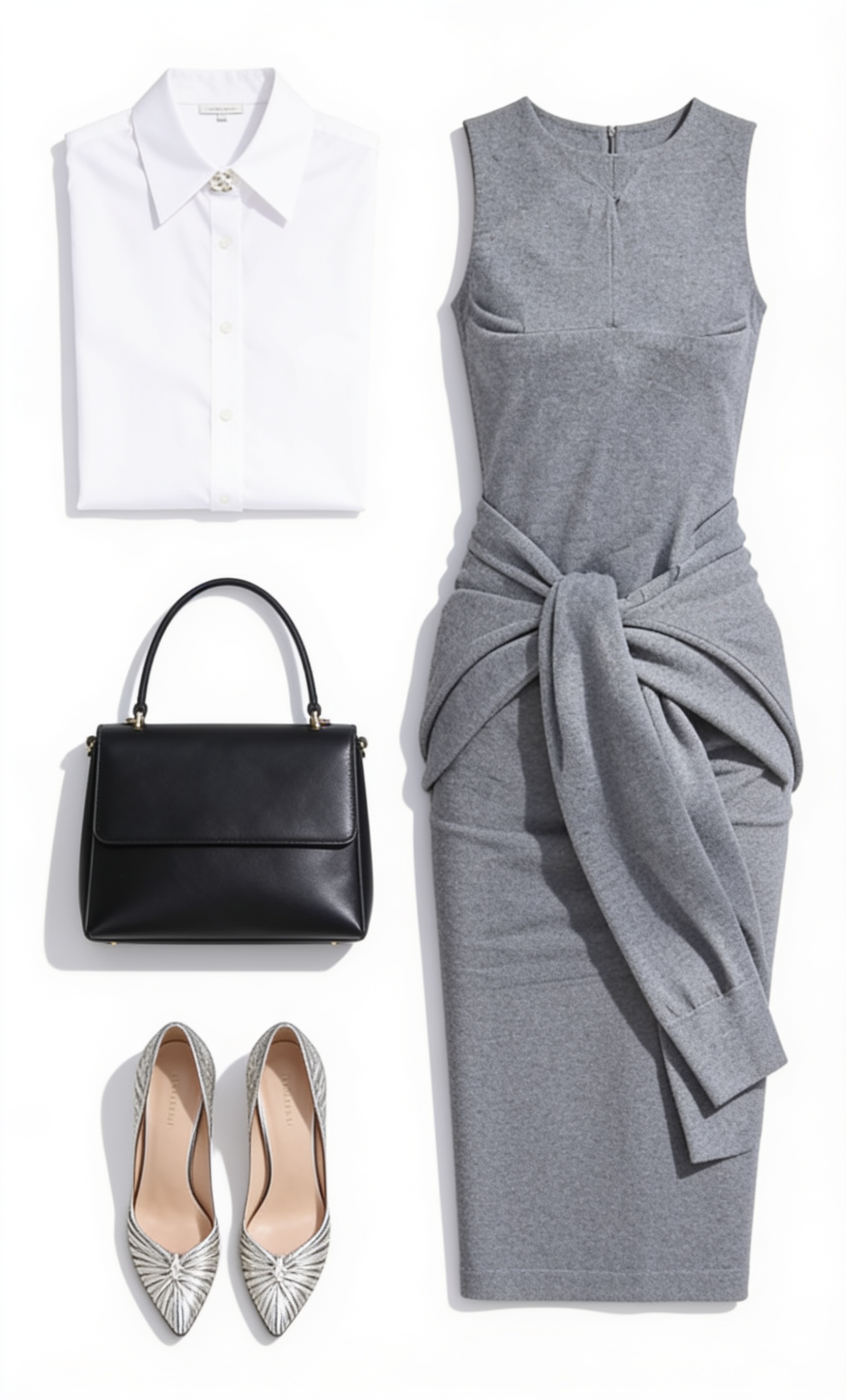 Grey tailored pinafore dress and white blouse