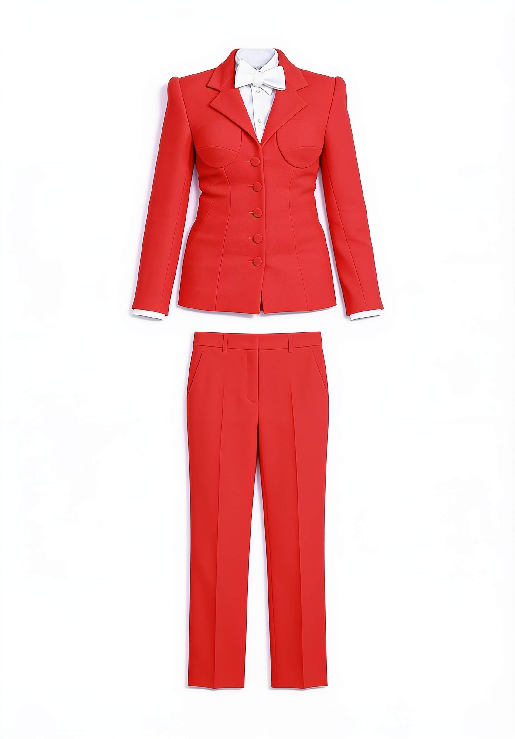Red tailored suit and white bow blouse