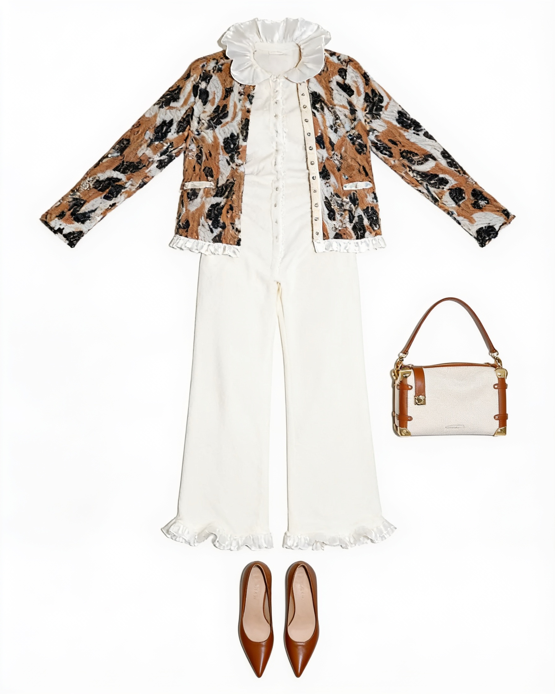 Floral jacket and ivory wide-leg trousers