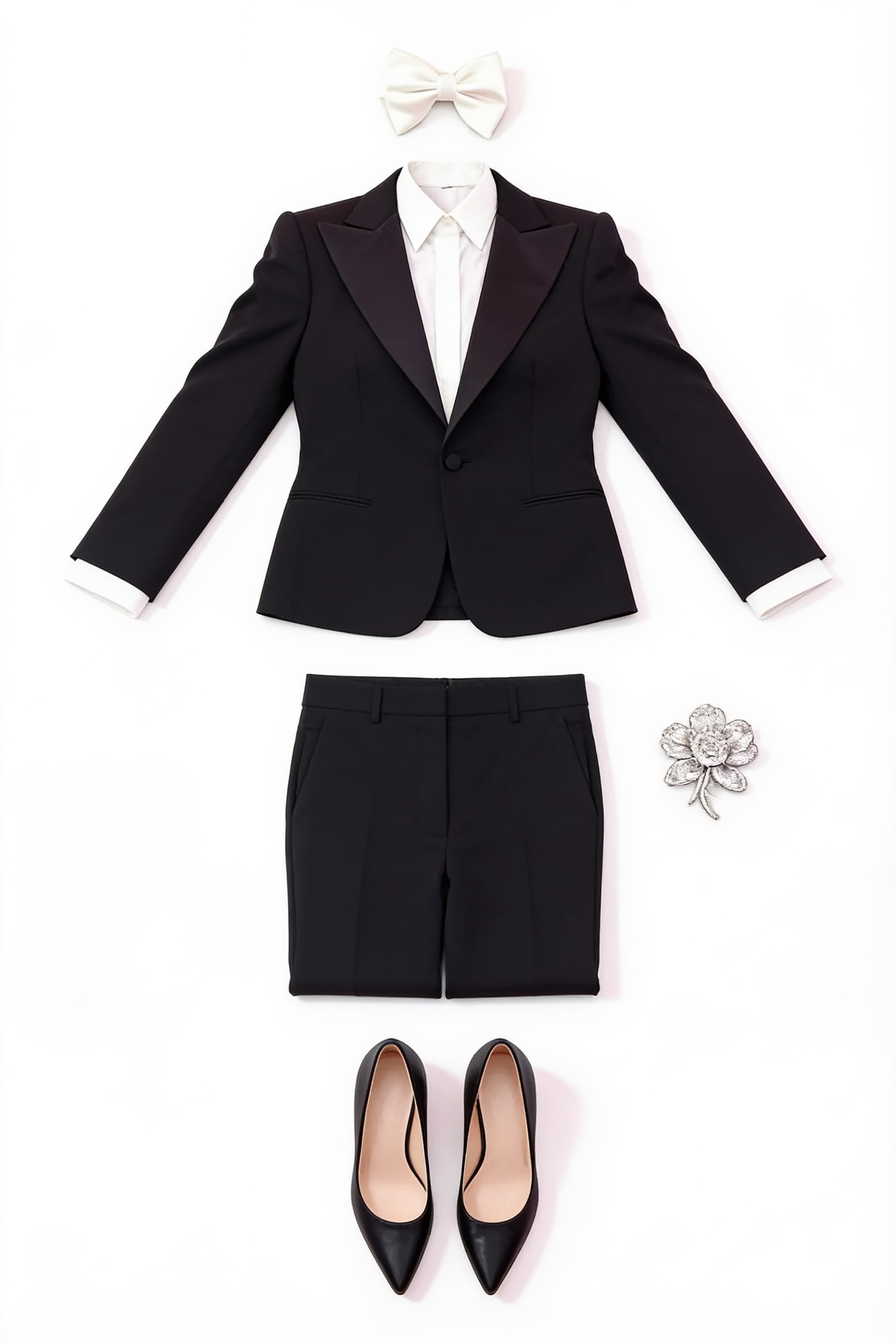 Black tuxedo jacket and tailored shorts
