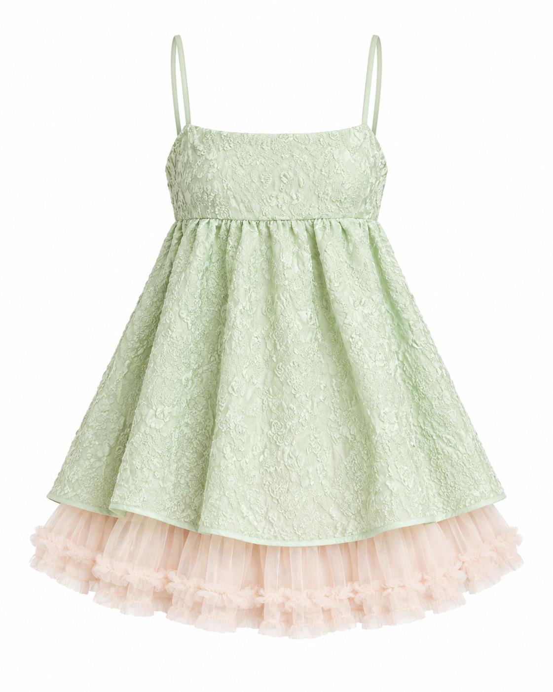 Mint textured babydoll dress with blush ruffle