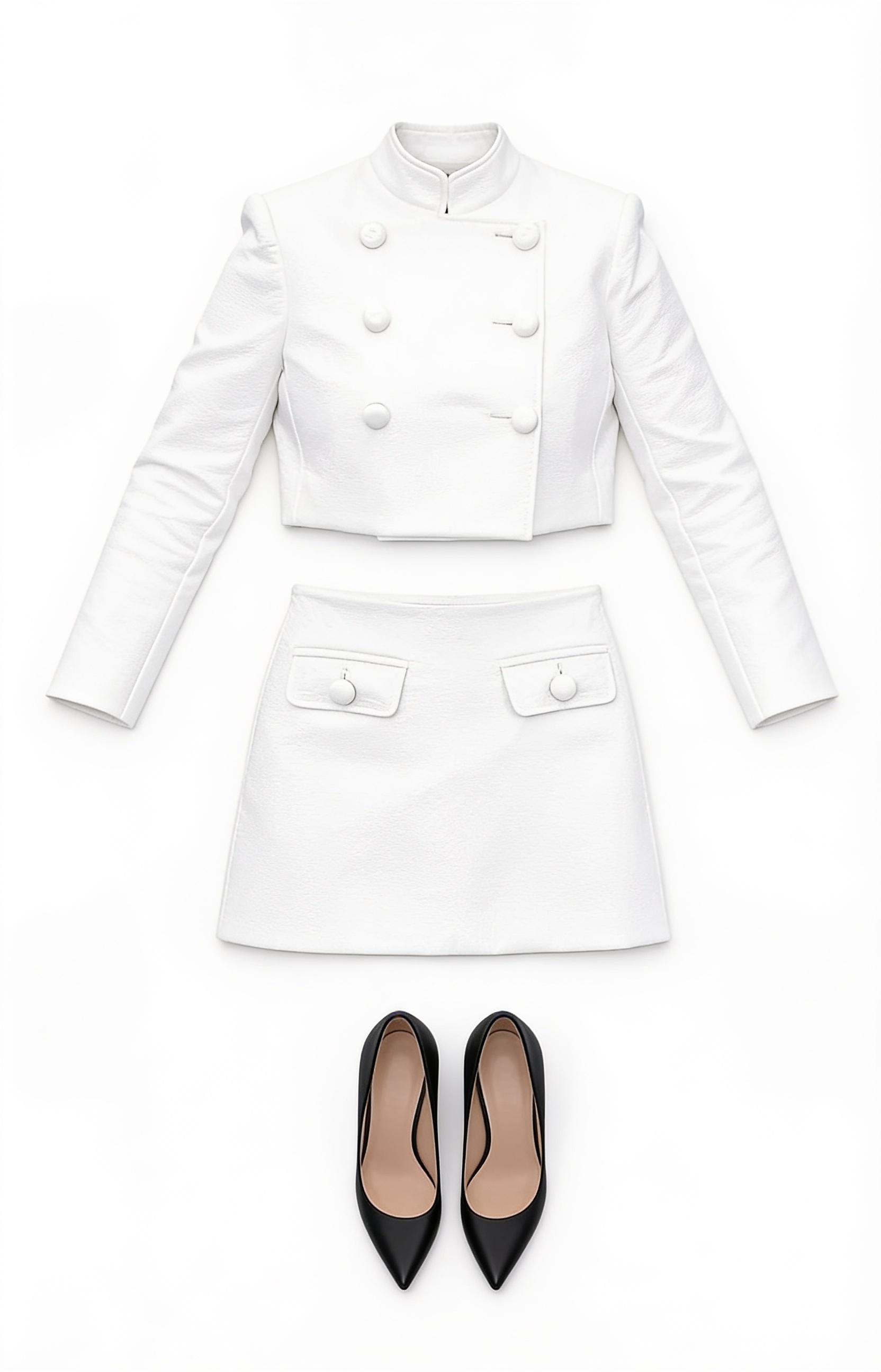 White cropped jacket and matching mini skirt