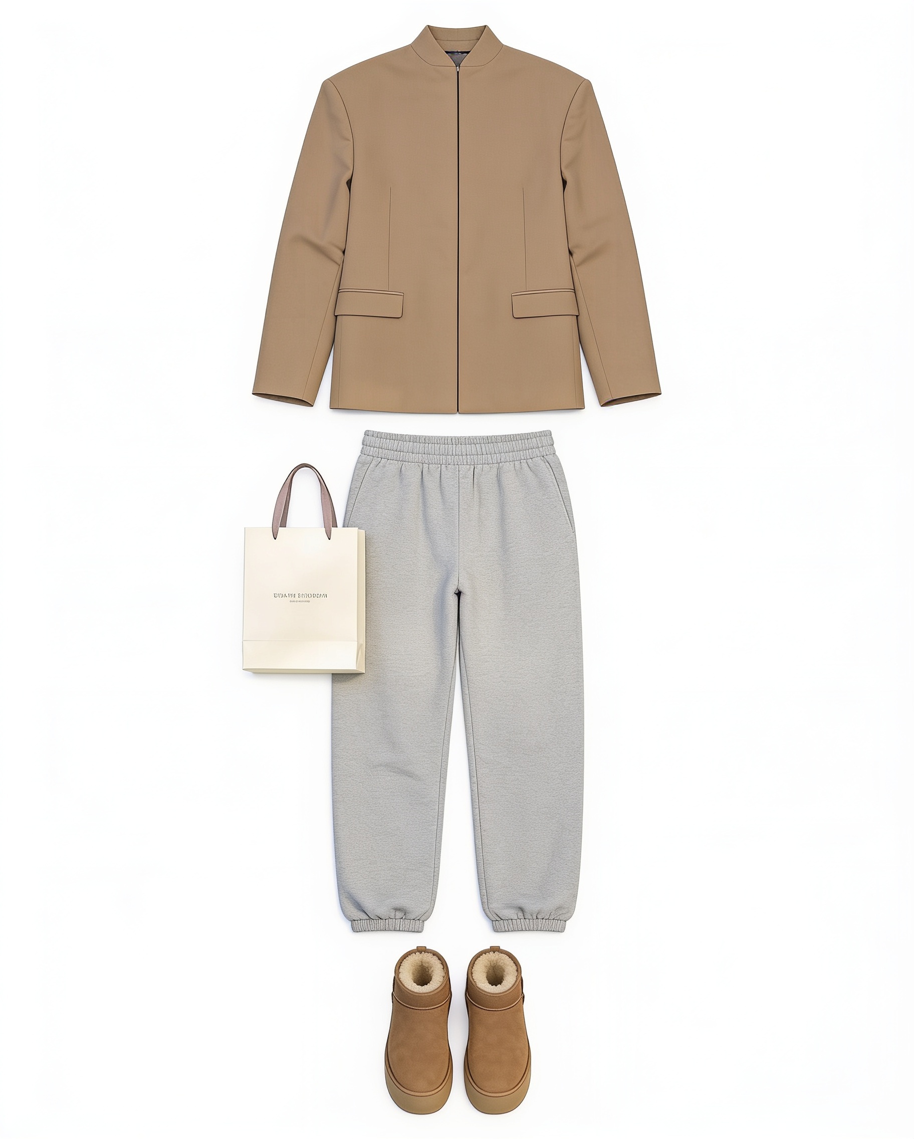 Tan utility jacket and grey joggers