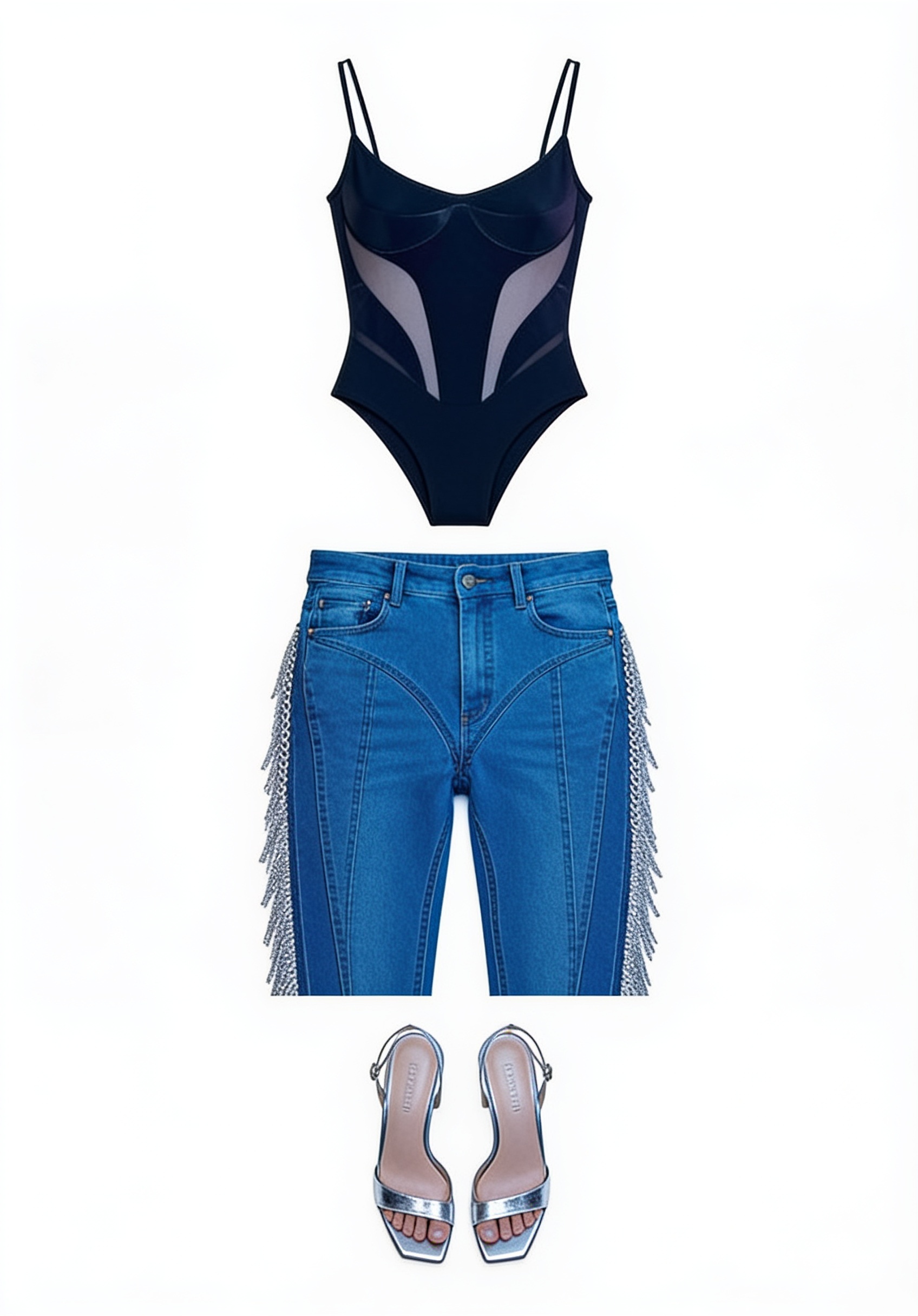 Black leather bodysuit and blue jeans