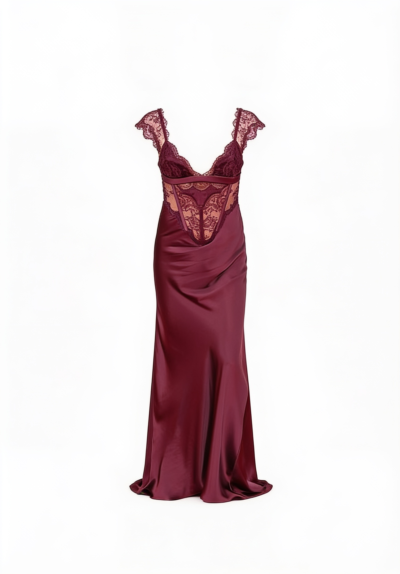 Burgundy satin lace-trim gown