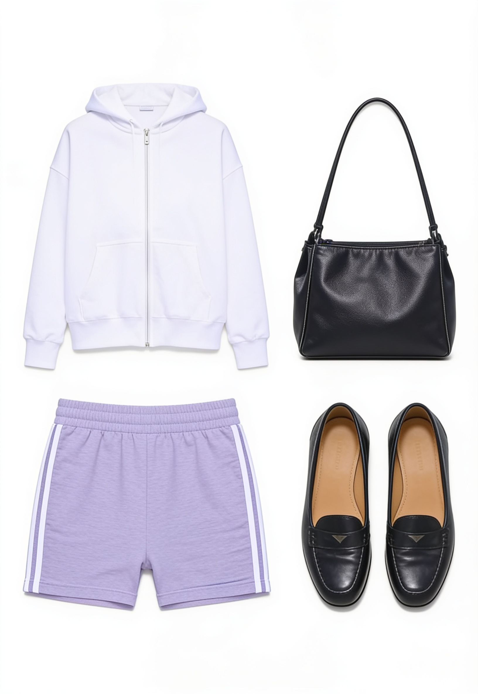 White zip hoodie, lavender shorts and black loafers