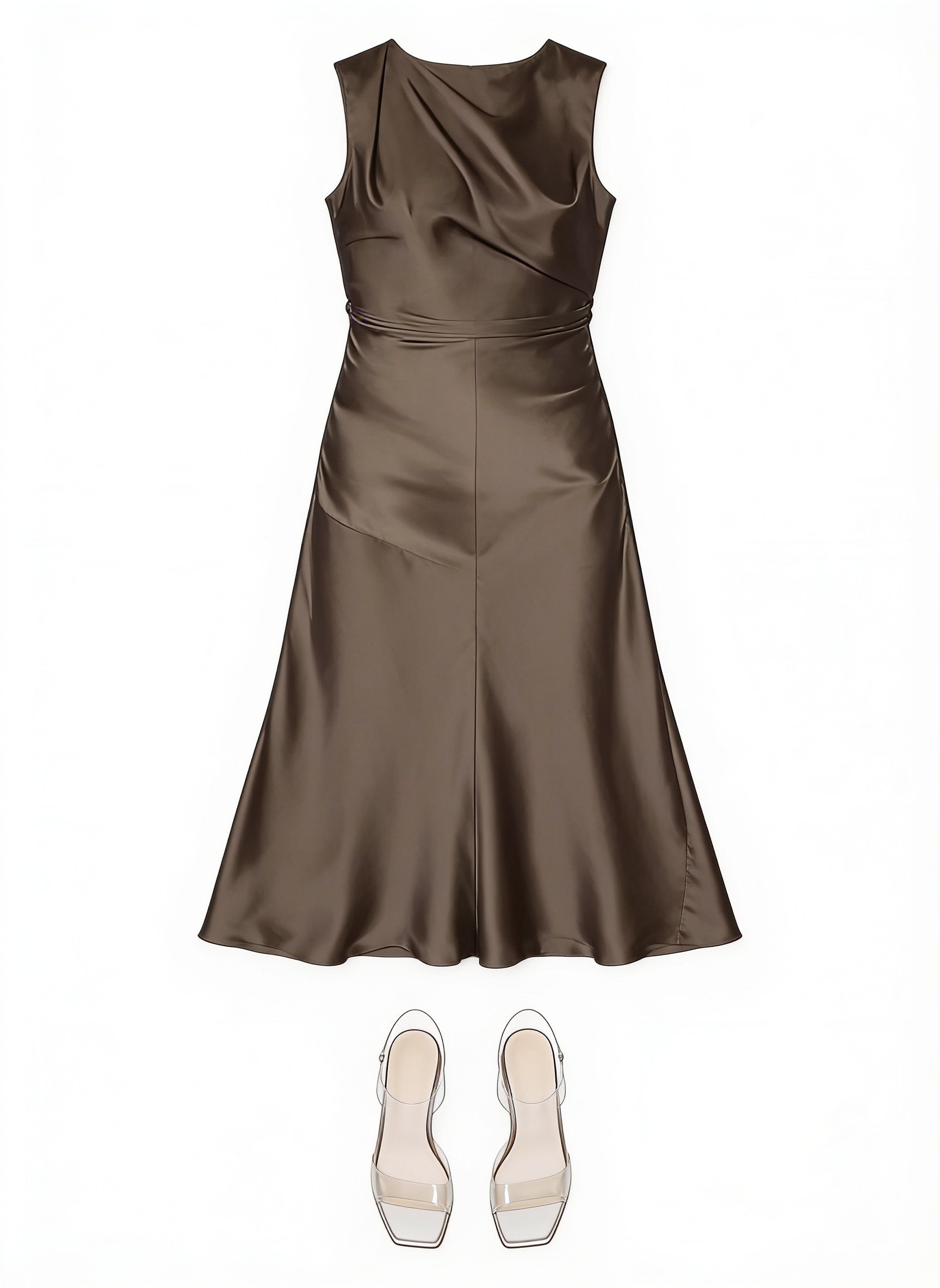 Bronze asymmetric satin gown and clear sandals