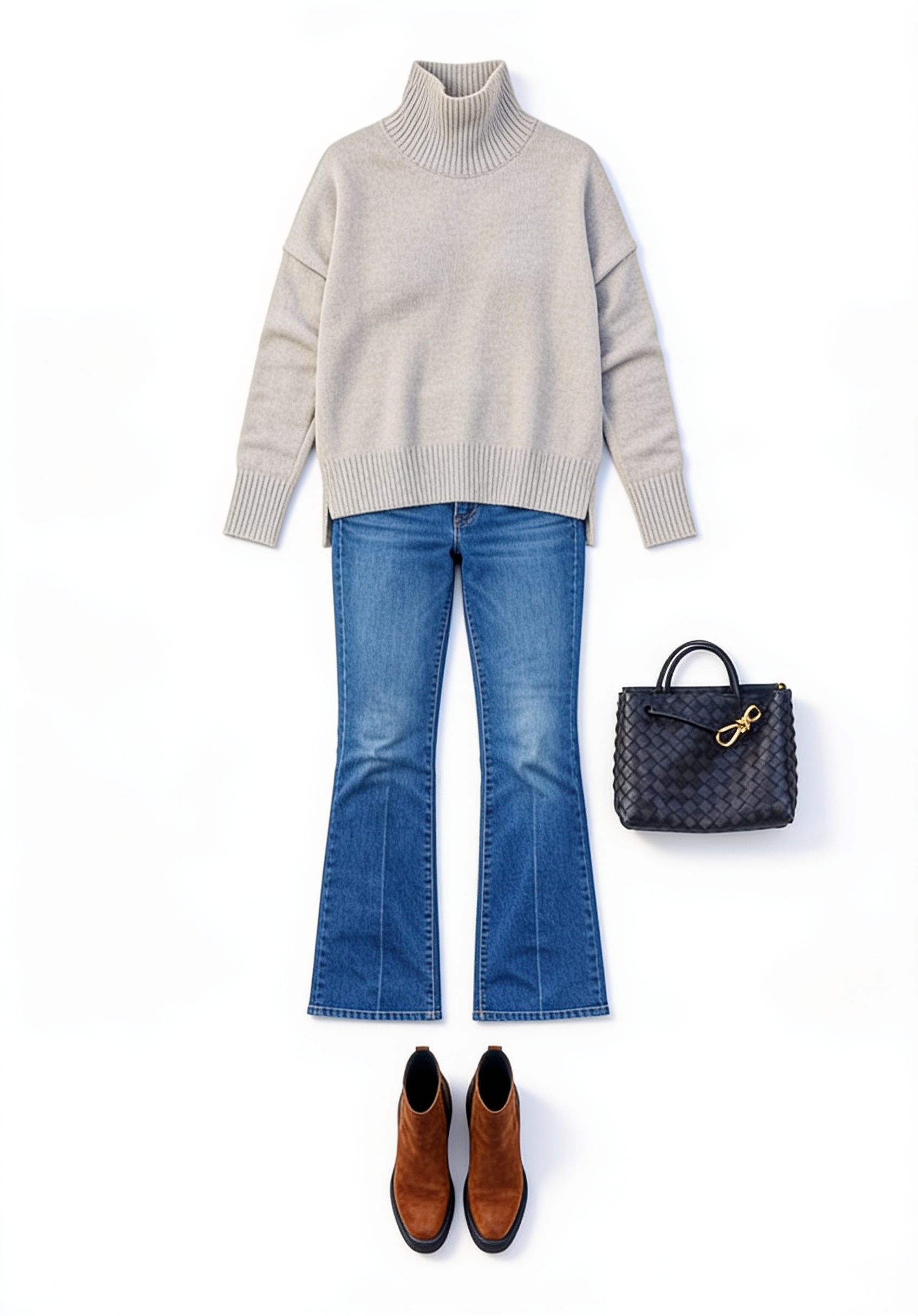 Grey turtleneck and flared jeans