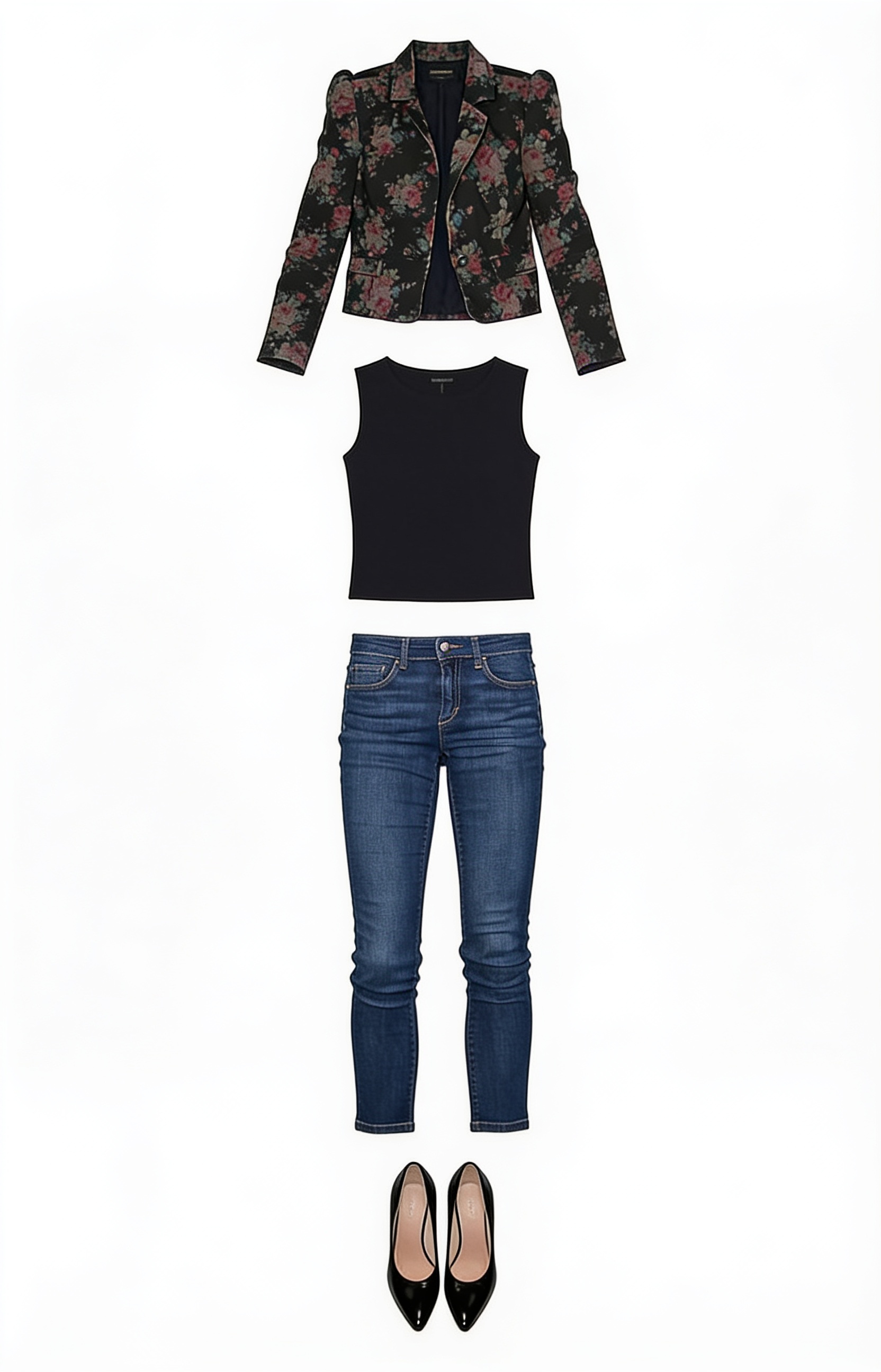 Black textured jacket, cropped jeans and black pumps