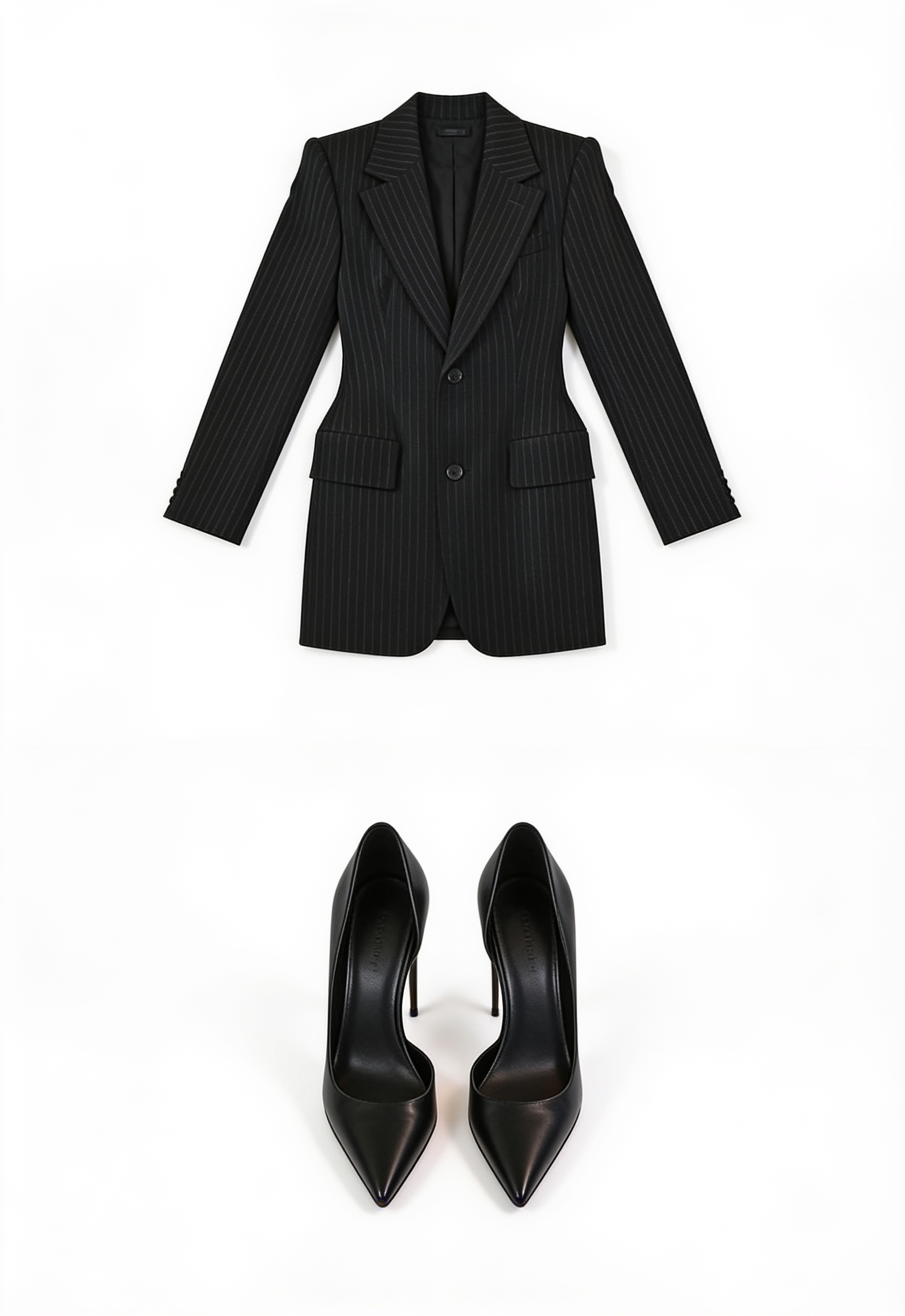 Black tailored blazer and asymmetric pumps