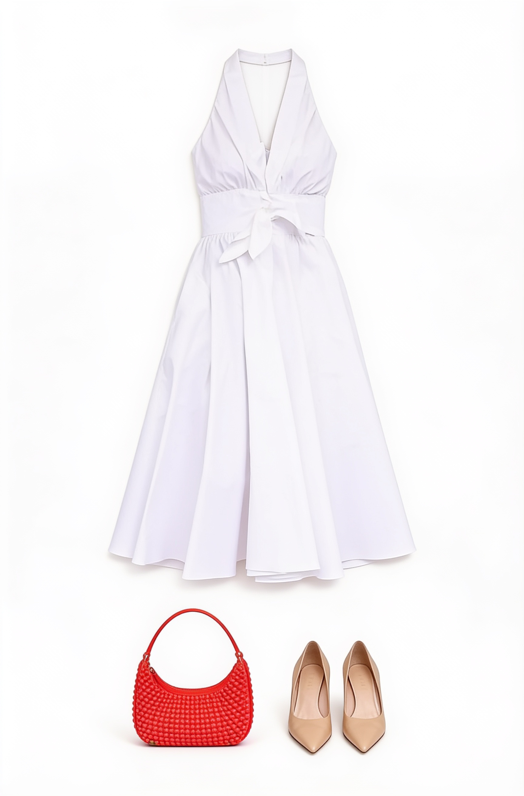 White halter midi dress and red shoulder bag