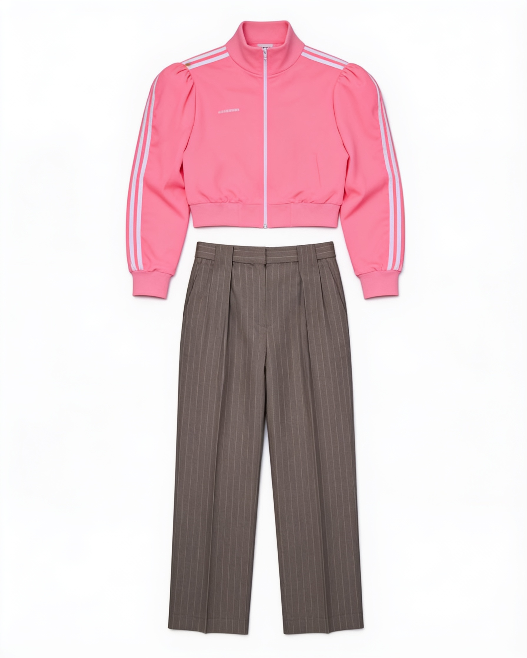 Pink track jacket and grey tailored trousers