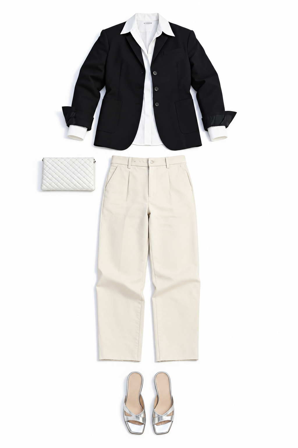 Black blazer and ivory tailored trousers