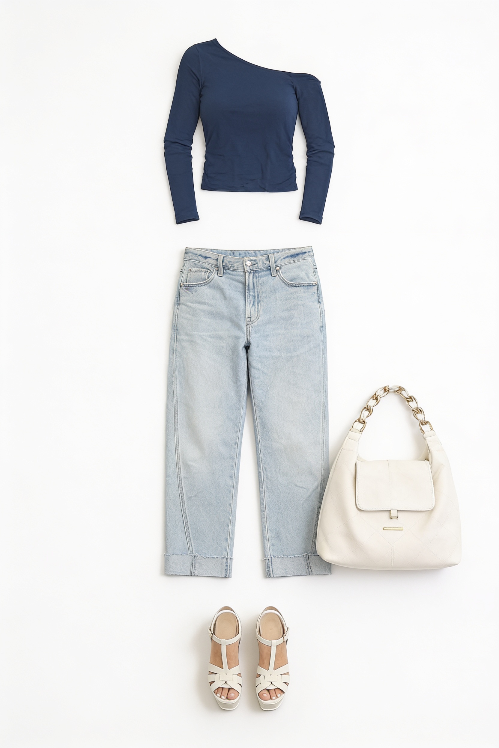 Navy scoop-neck top and cropped wide-leg jeans