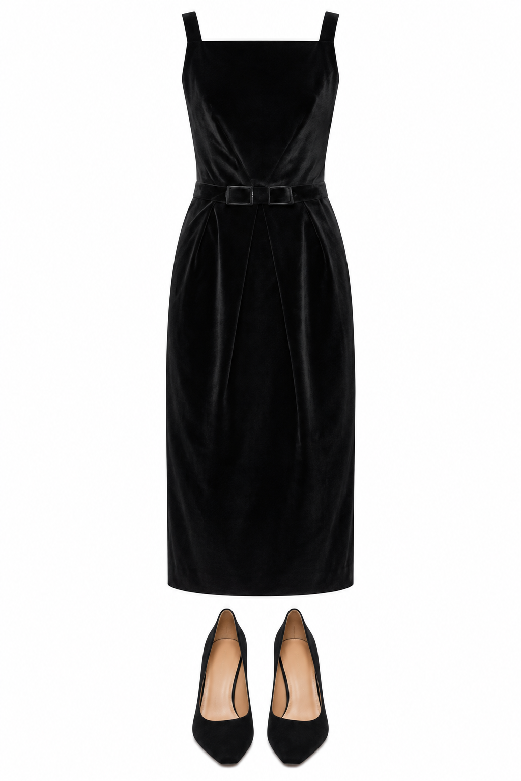 Black velvet belted midi dress