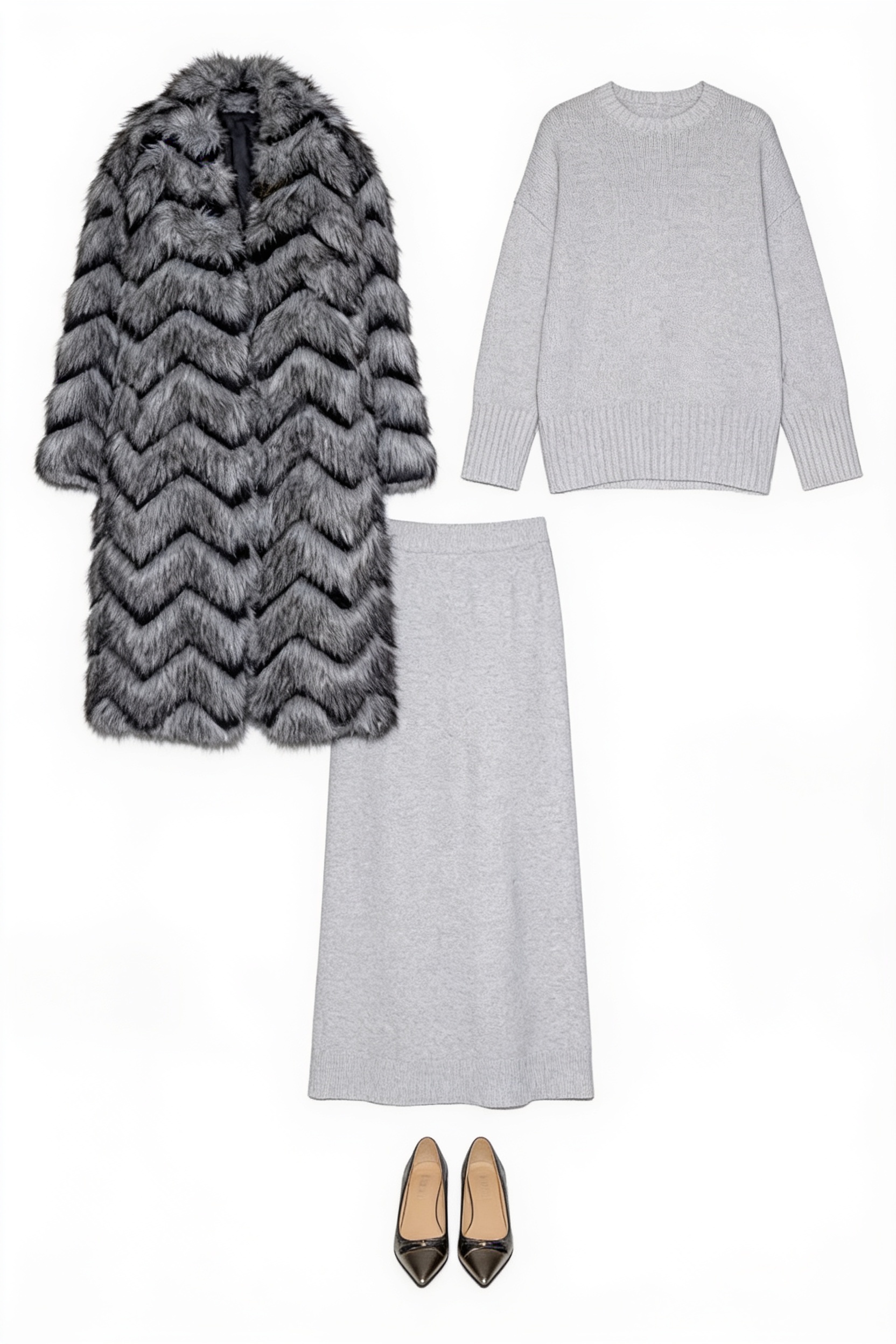 Grey knit maxi skirt and chevron coat