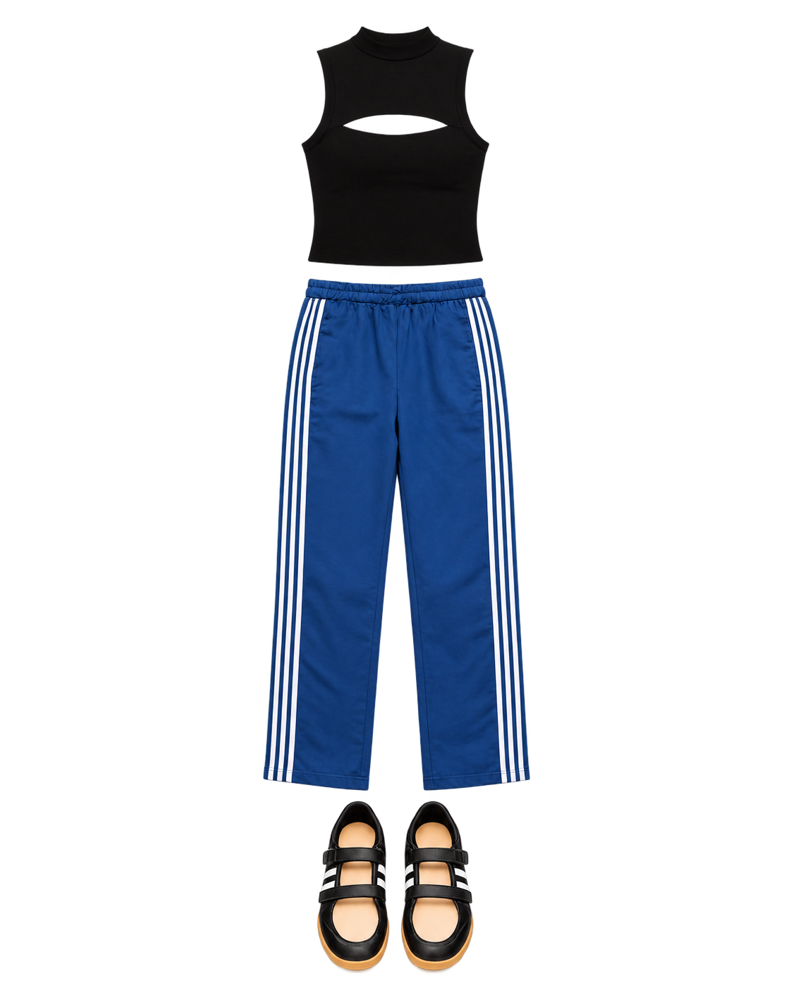 Black cutout top, blue track trousers and Mary Janes