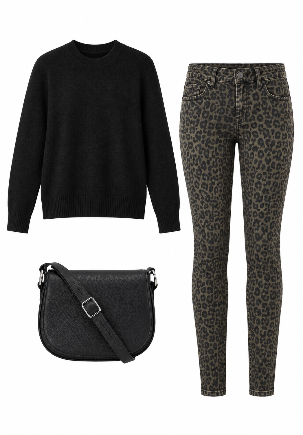 Black sweater and leopard-print skinny trousers