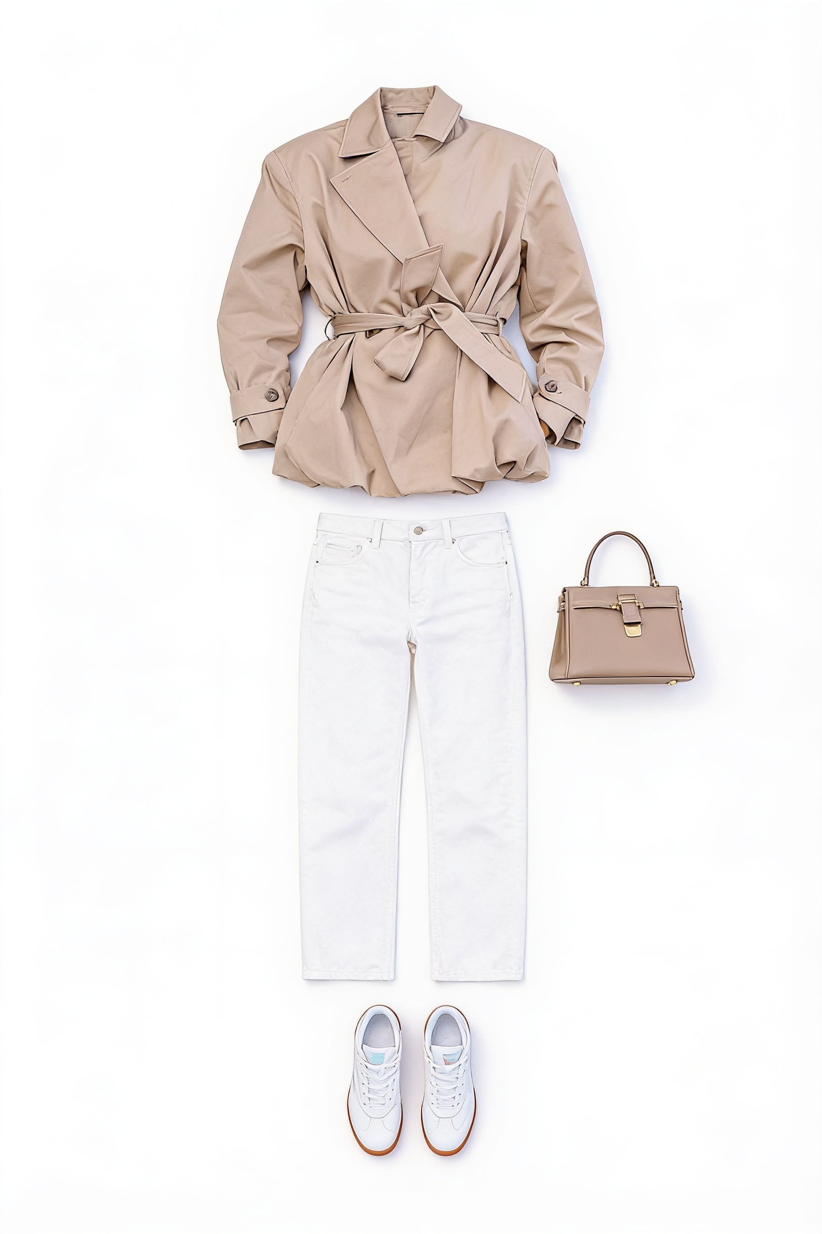 Taupe belted blazer and white trousers