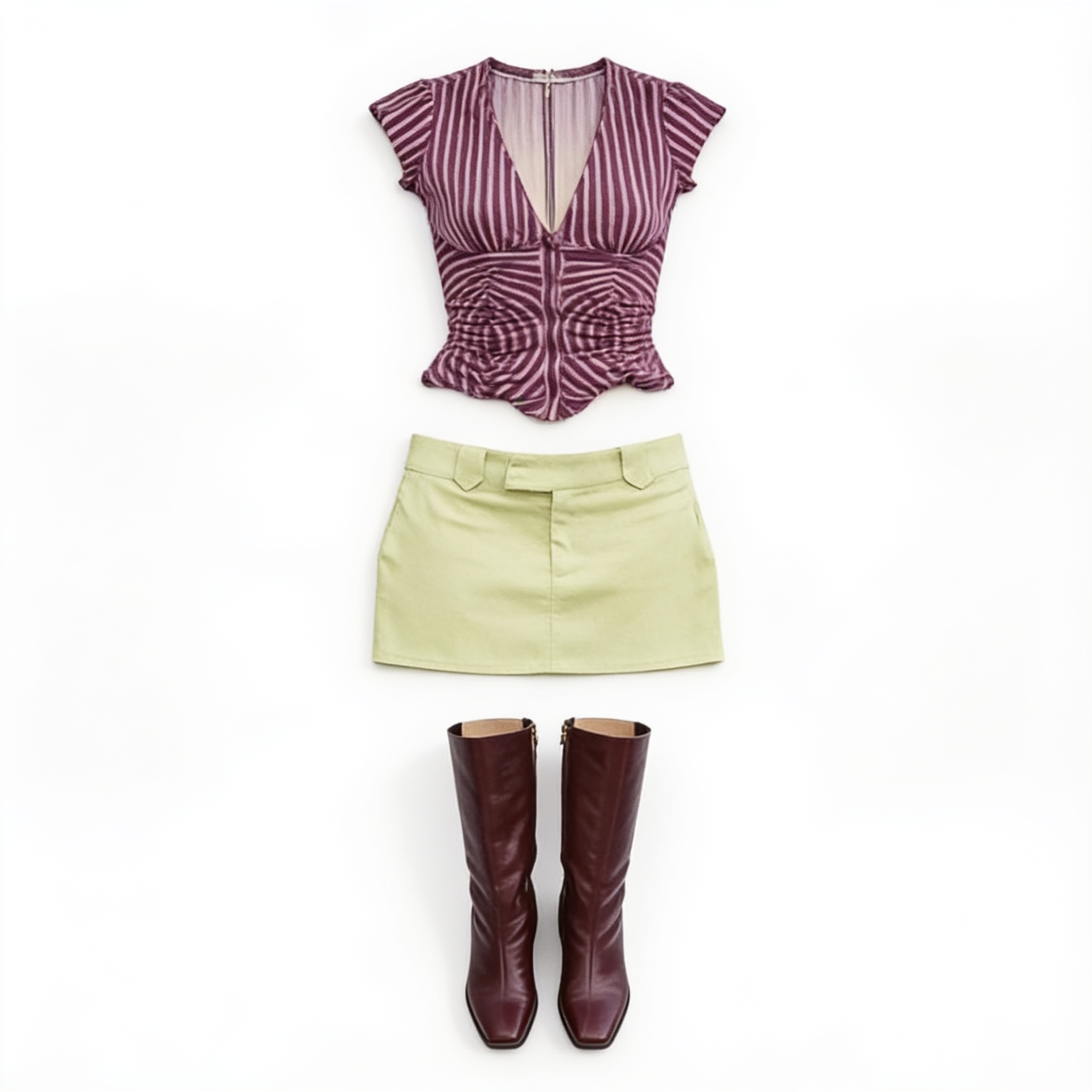 Striped fitted top and lime mini skirt