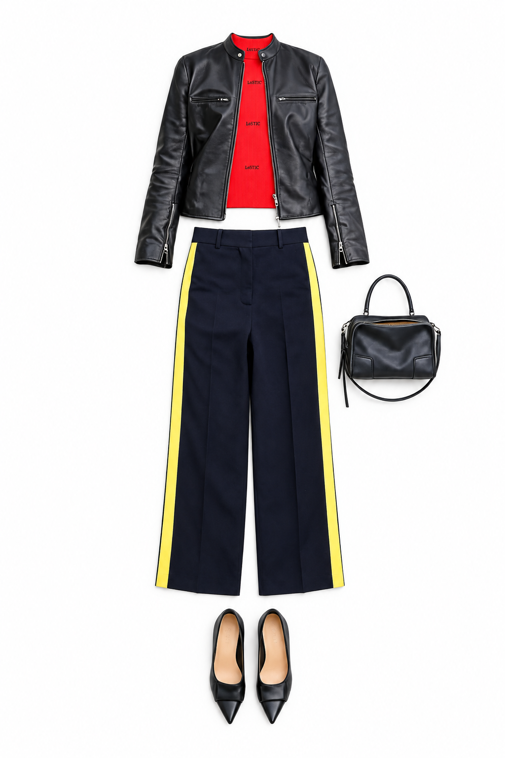 Black leather jacket and yellow-striped trousers