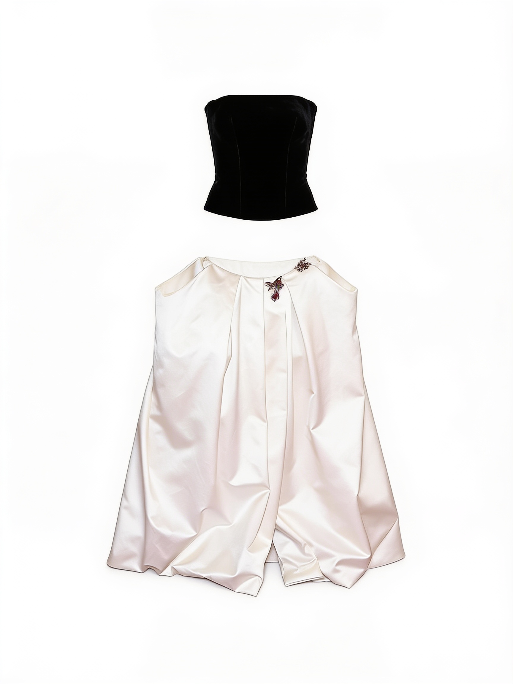 Black strapless bodice and ivory full skirt