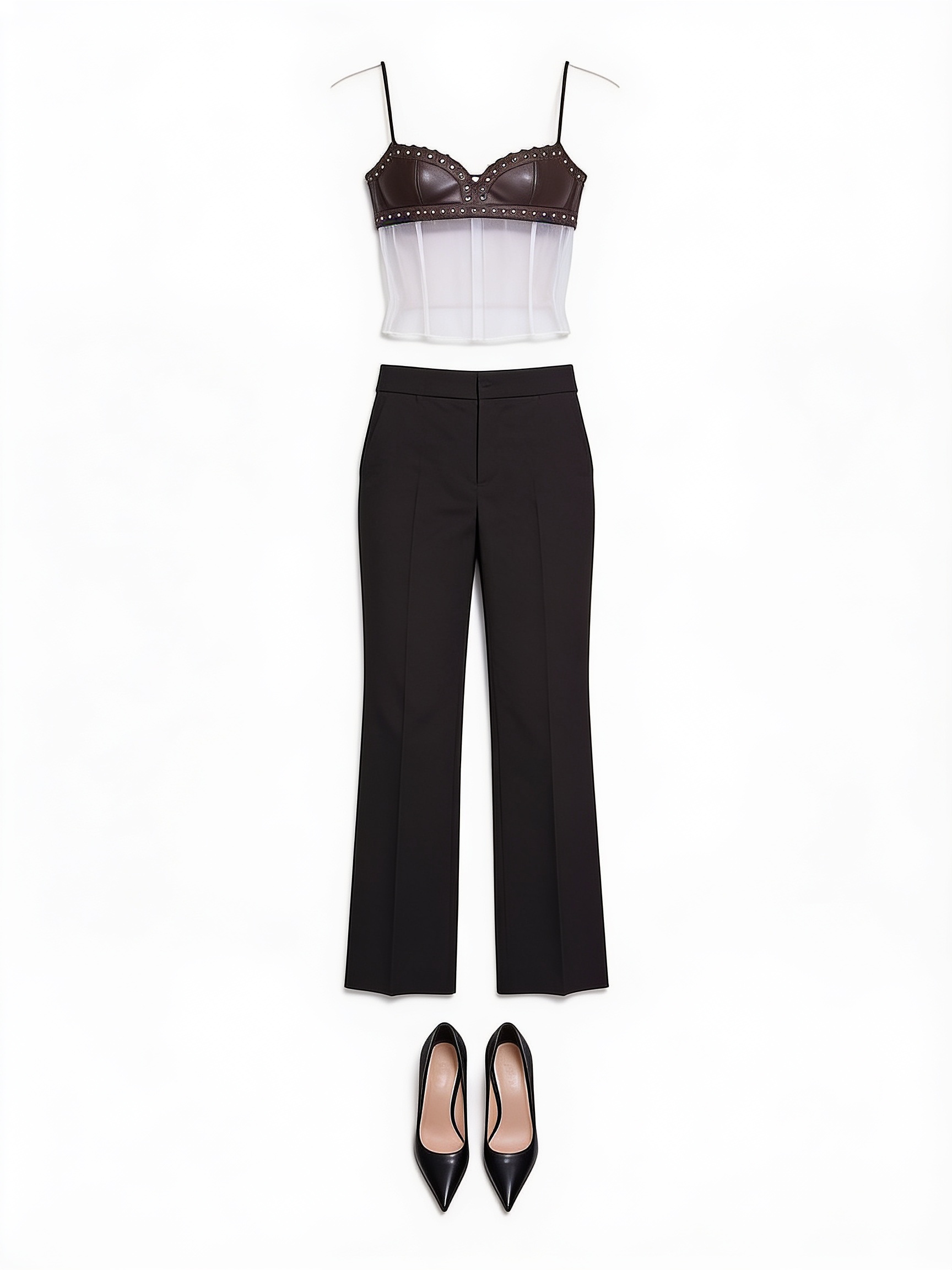 Black studded corset top and flared trousers