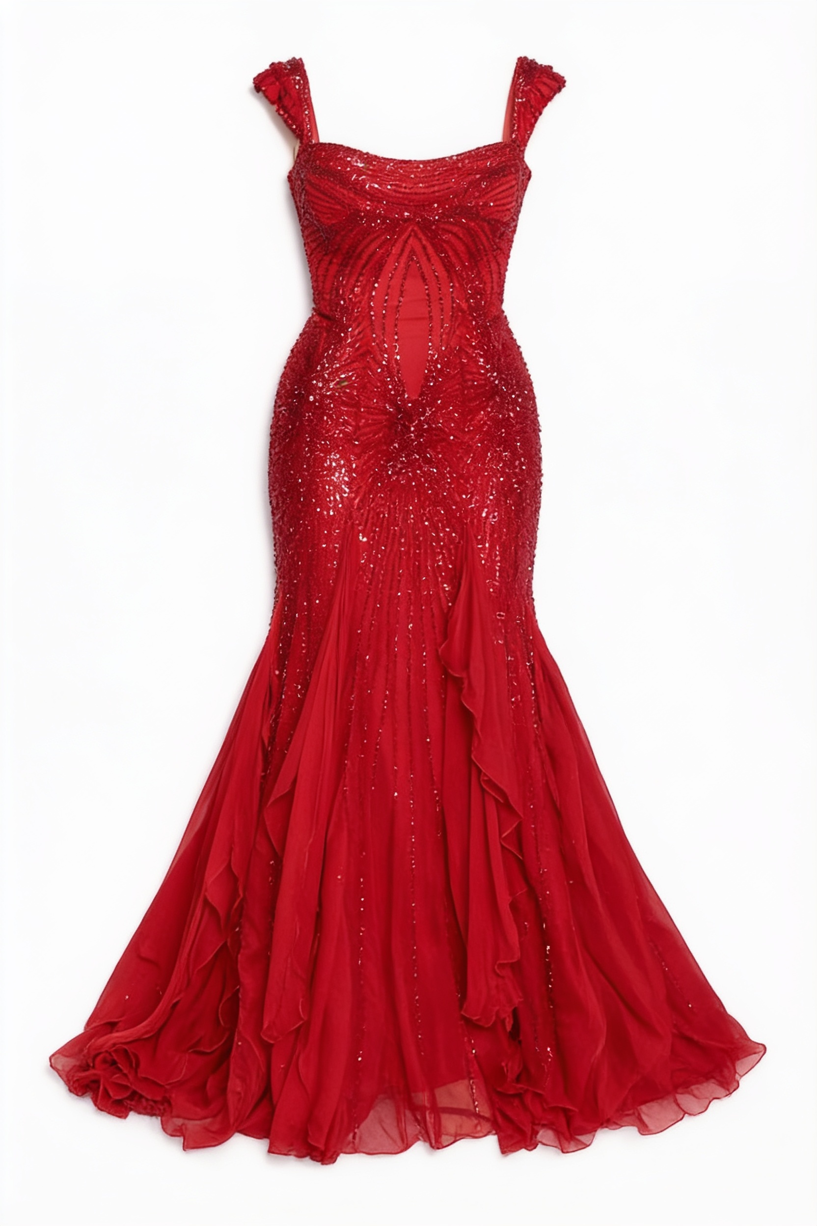 Red embellished cap-sleeve gown