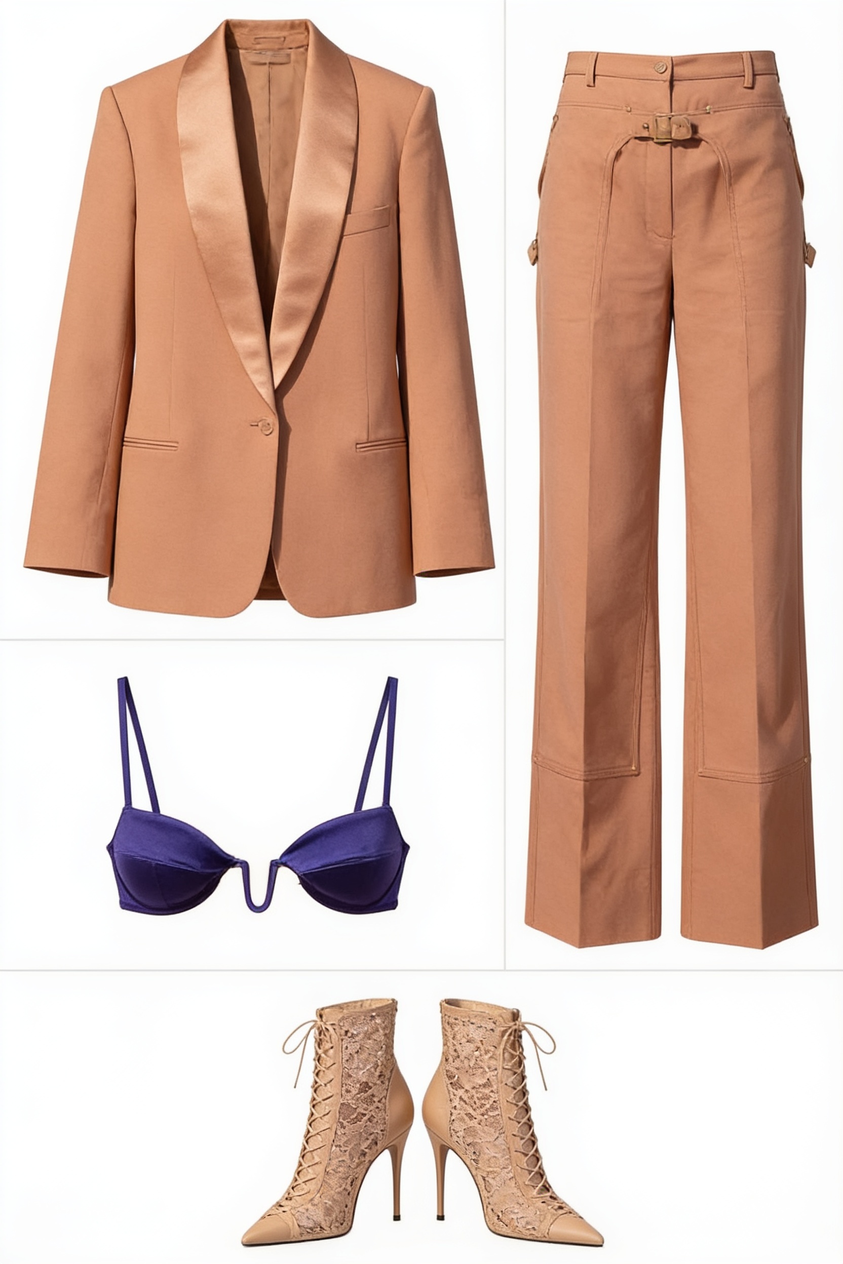 Tan tailored suit and purple bralette