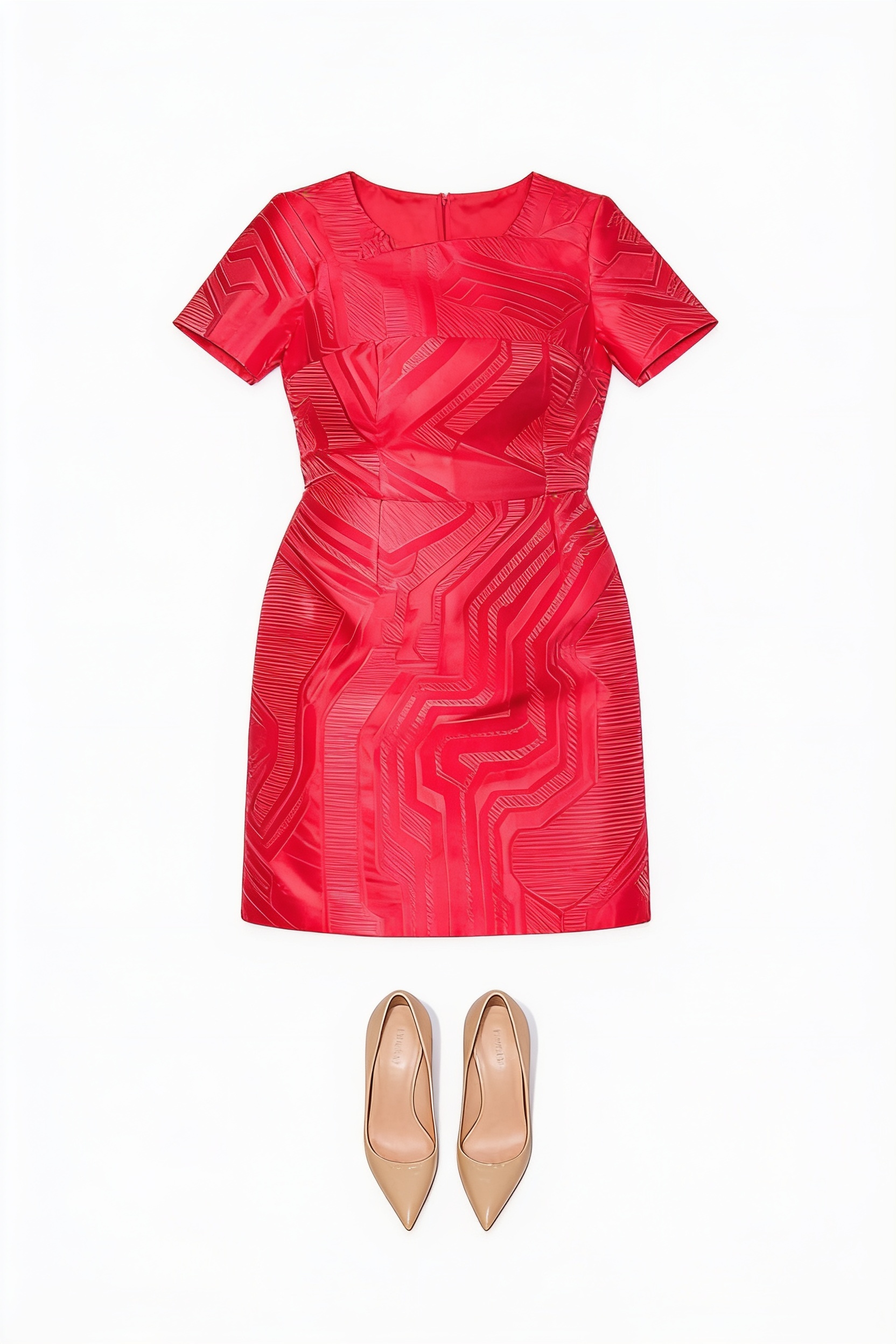 Red fitted mini dress and nude pumps