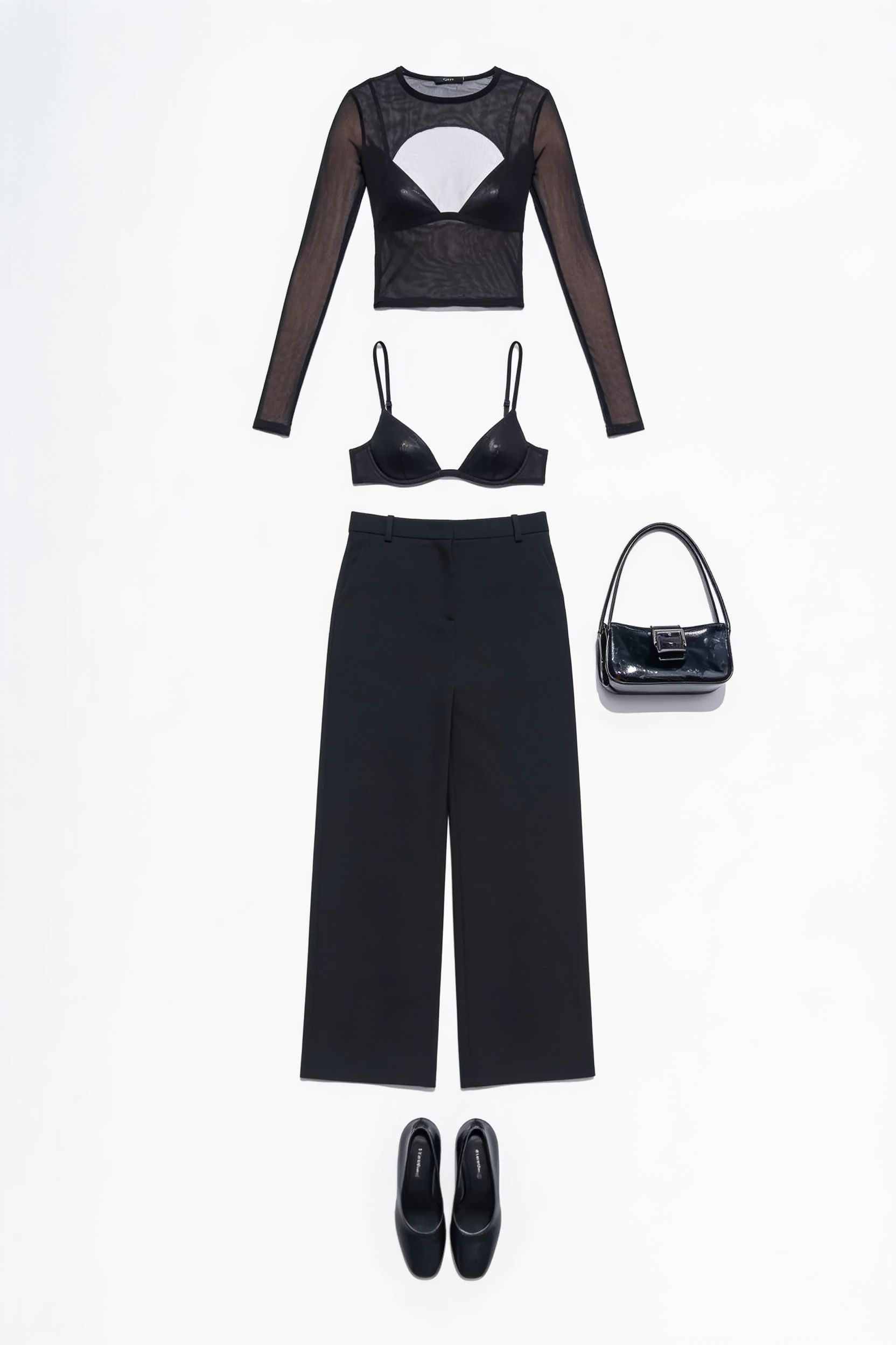 Black sheer top and wide-leg trousers