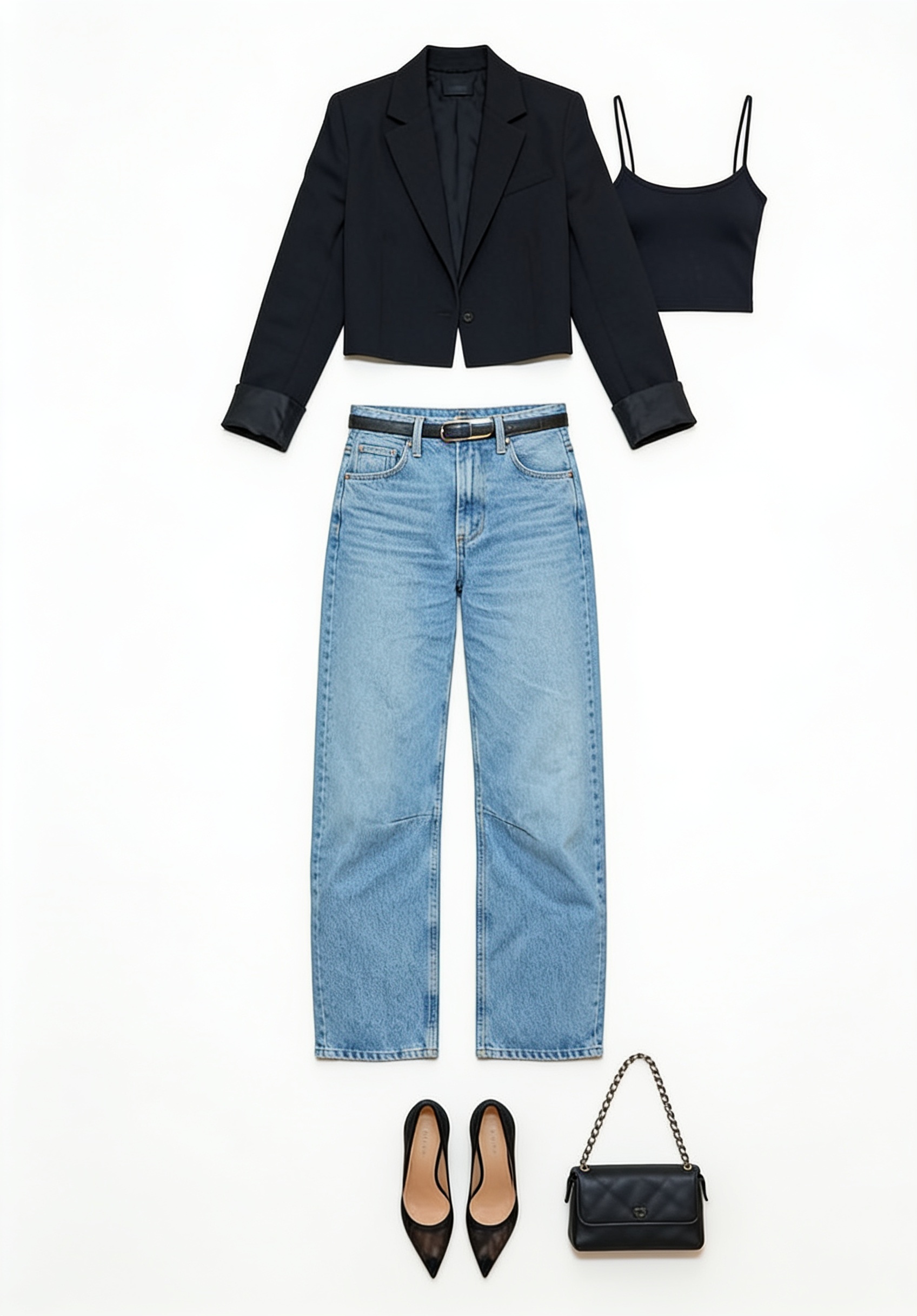 Black blazer and straight-leg jeans