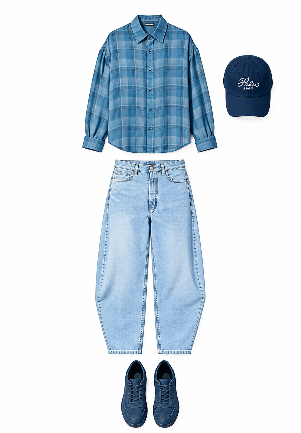 Blue checked shirt and barrel-leg jeans