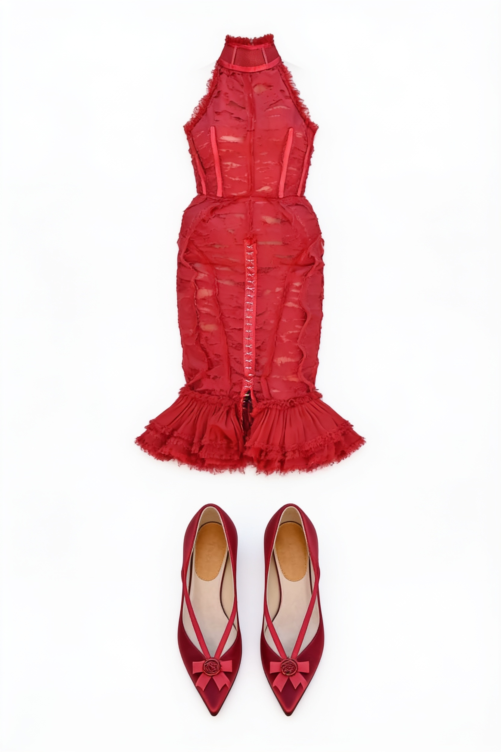 Red lace halter midi dress