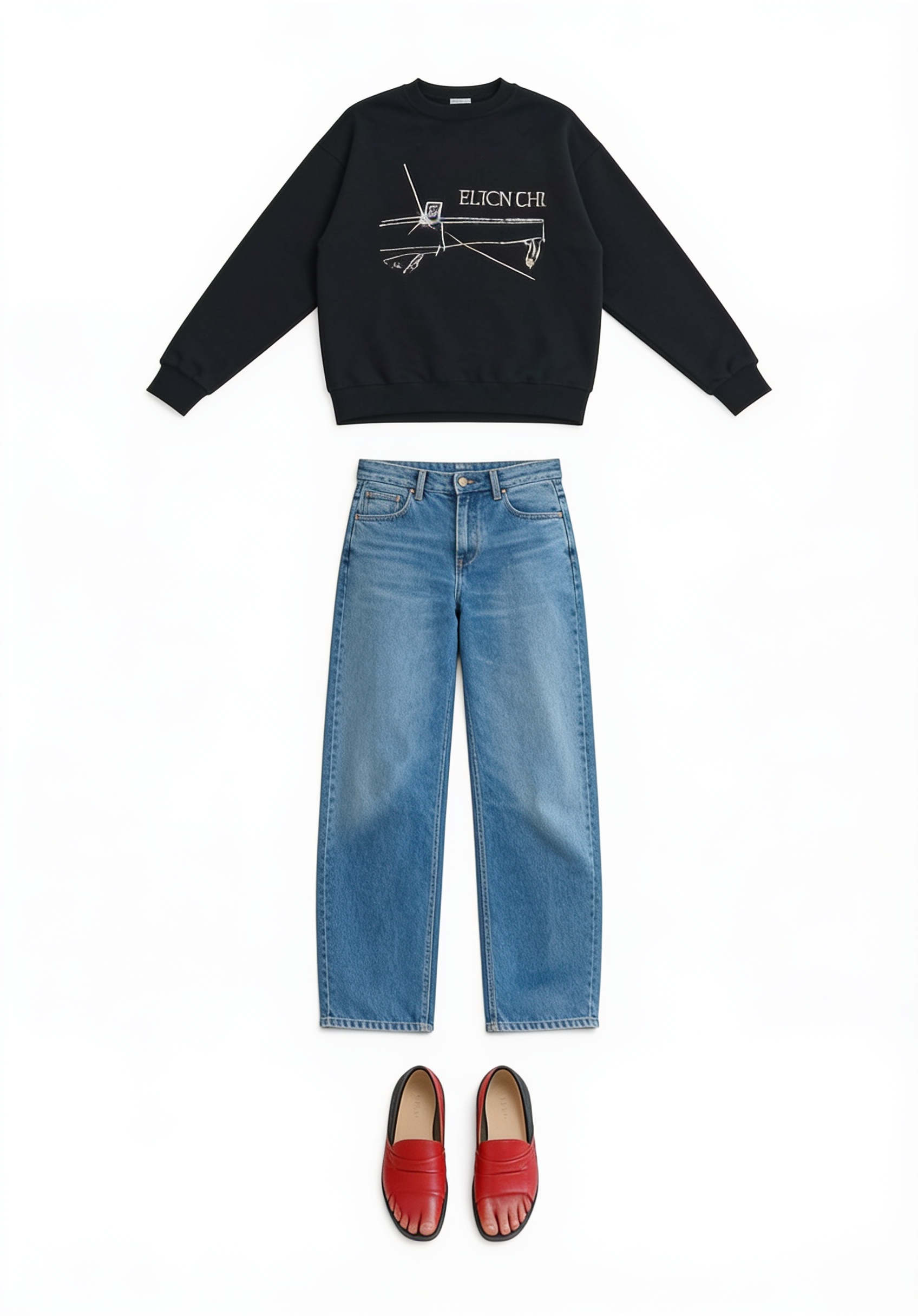 Black sweatshirt and straight-leg jeans