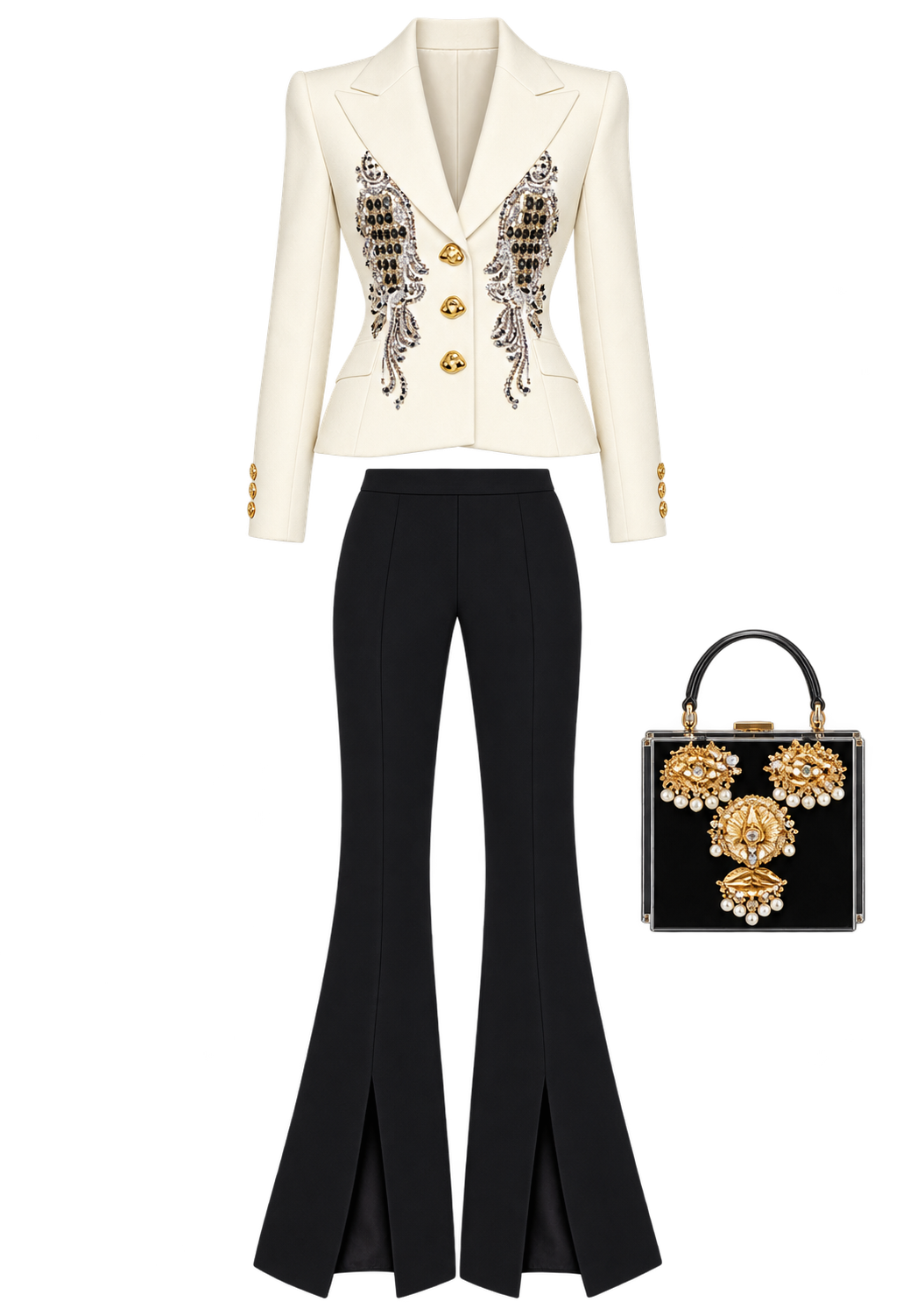 Ivory embellished jacket and black flared trousers