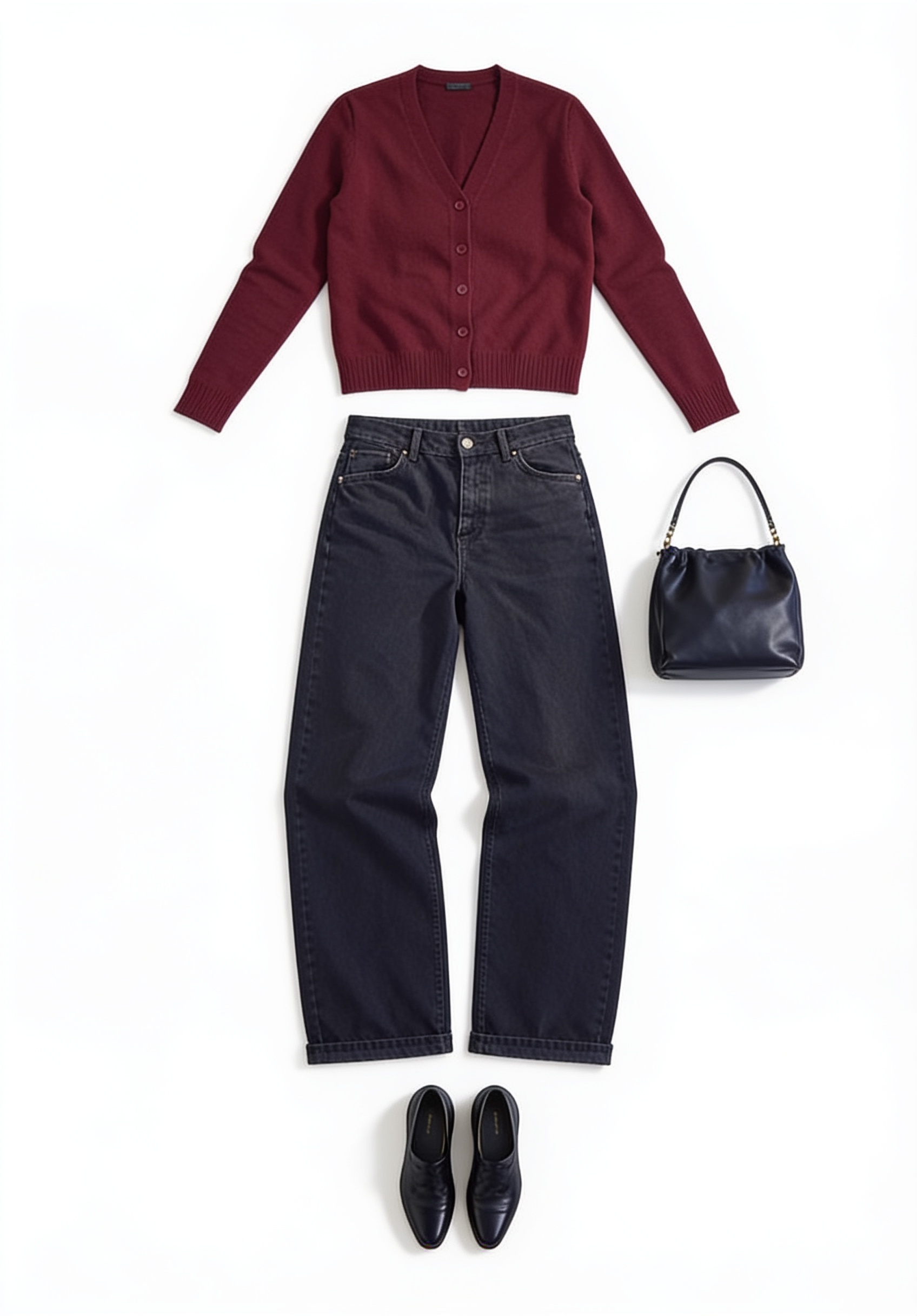 Burgundy sweater and dark wide-leg jeans