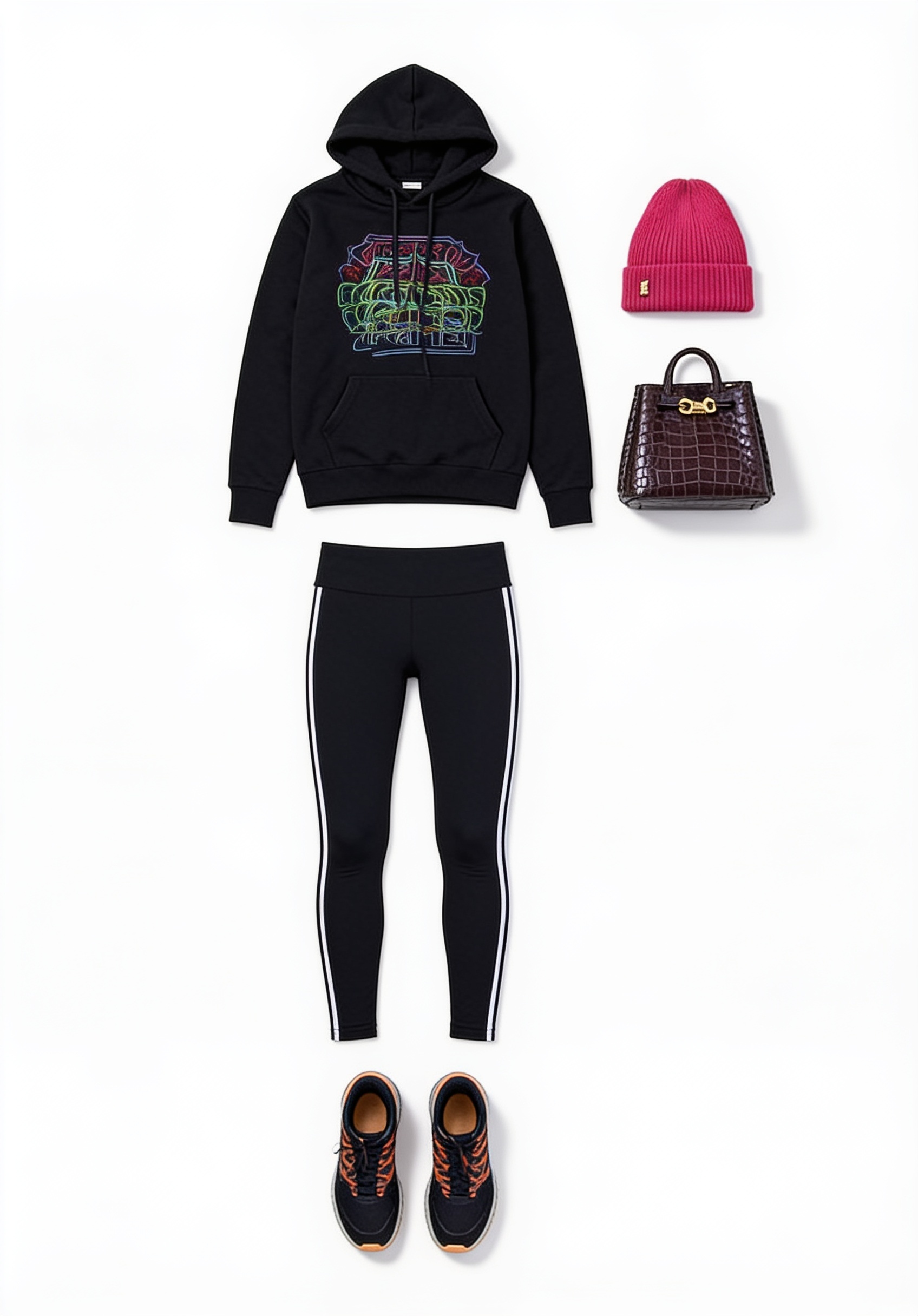 Black activewear and pink beanie