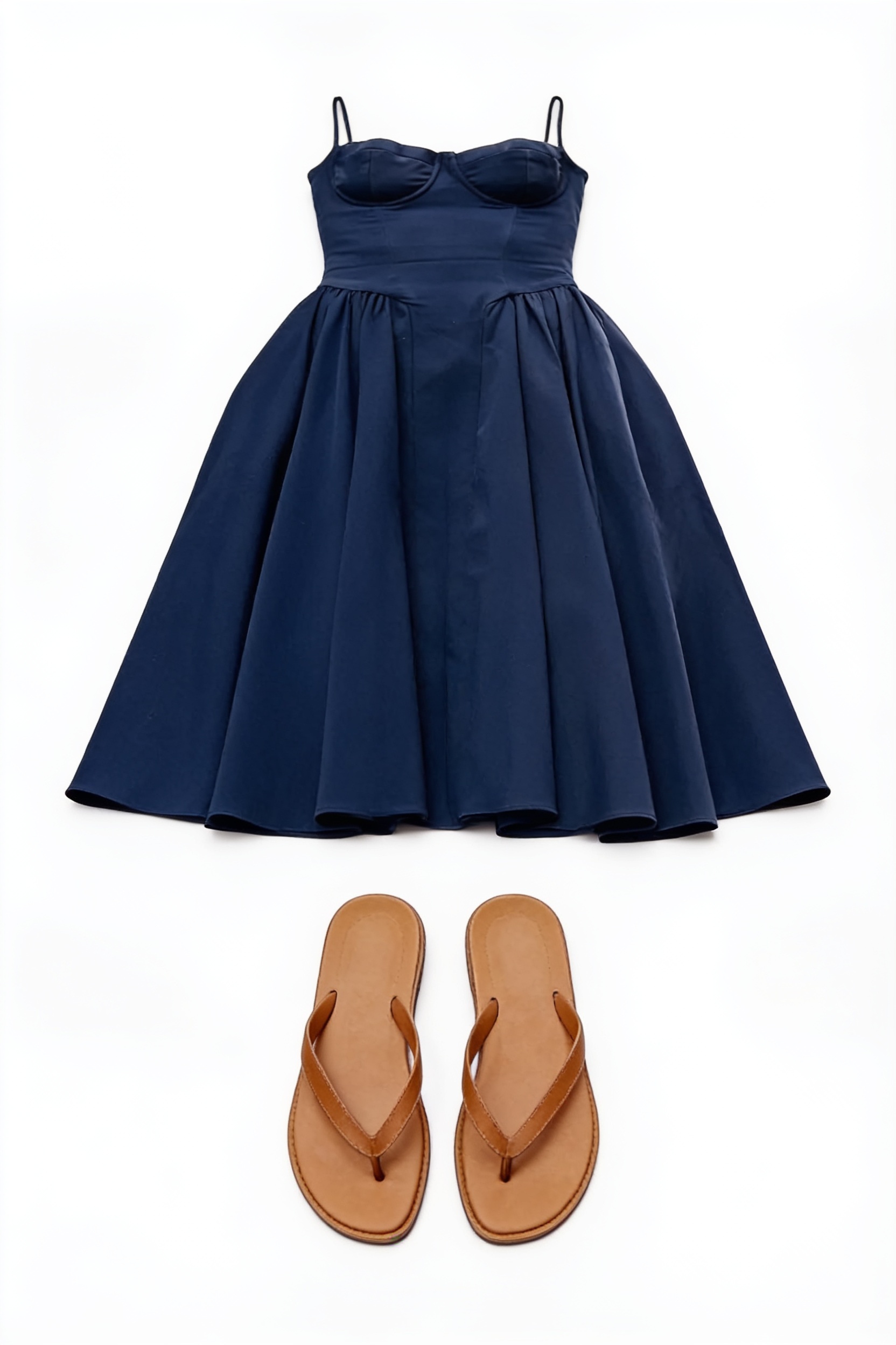Navy fit-and-flare dress and tan sandals