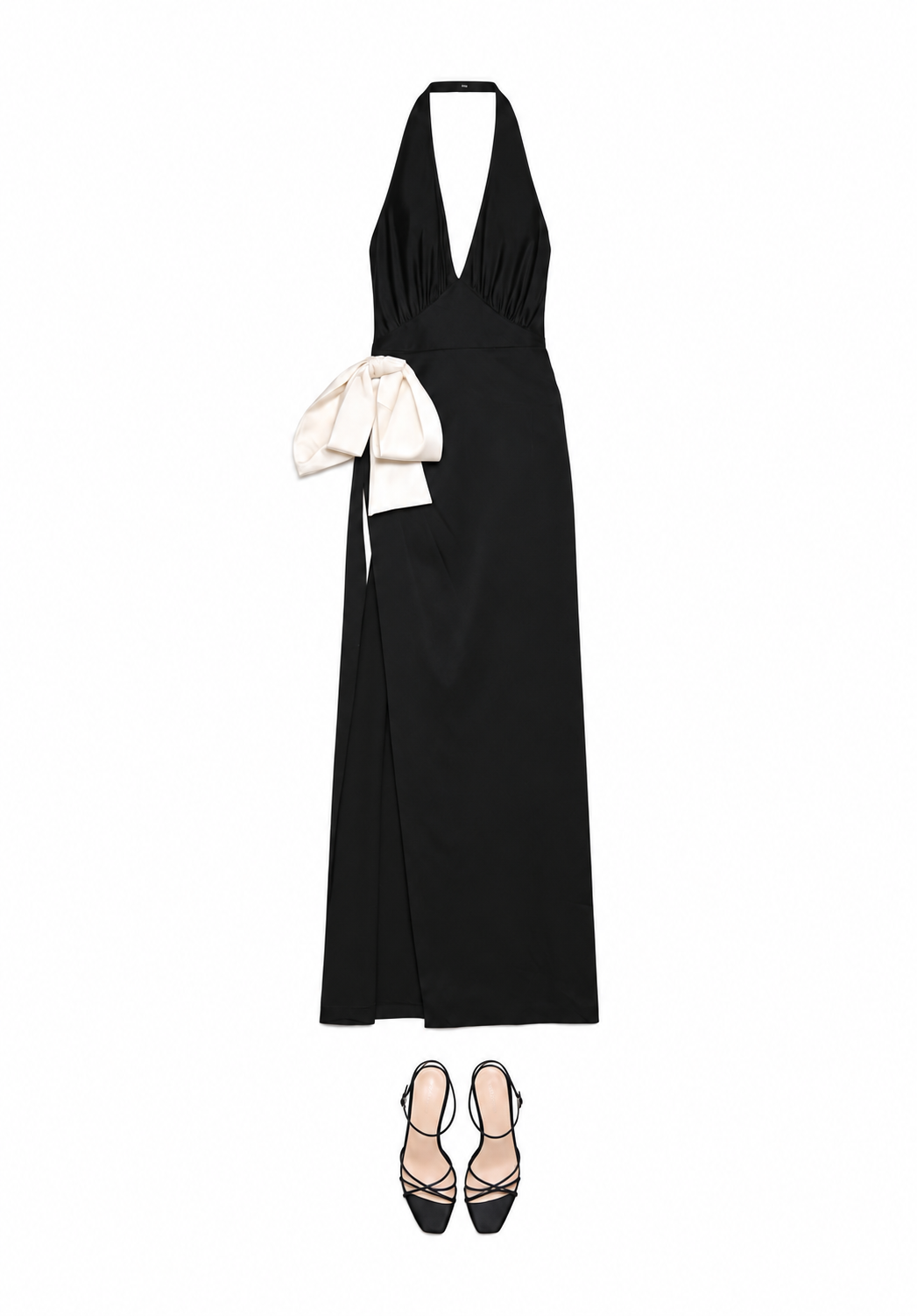 Black halter gown with white bow