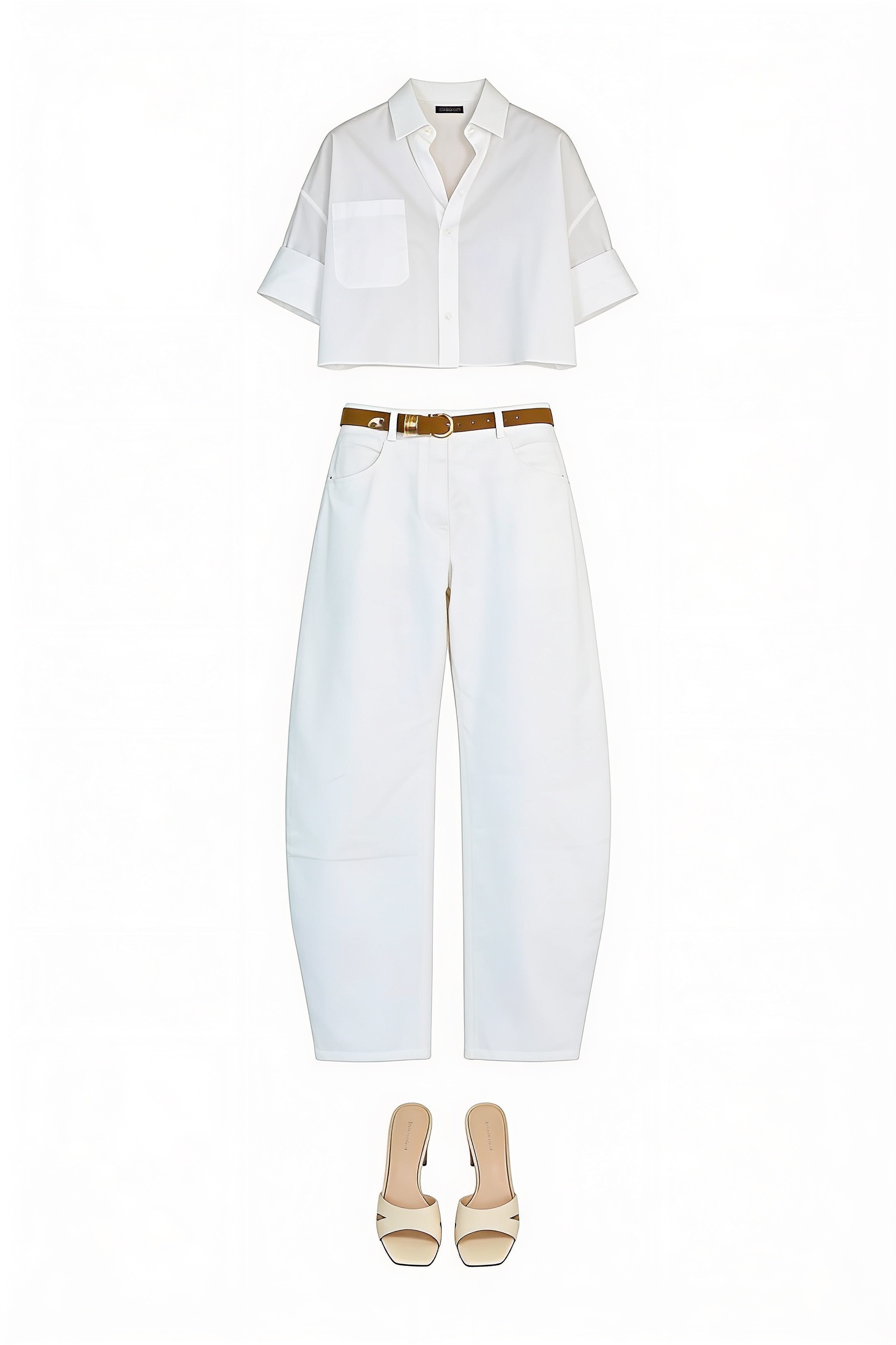 White cropped shirt and wide-leg trousers