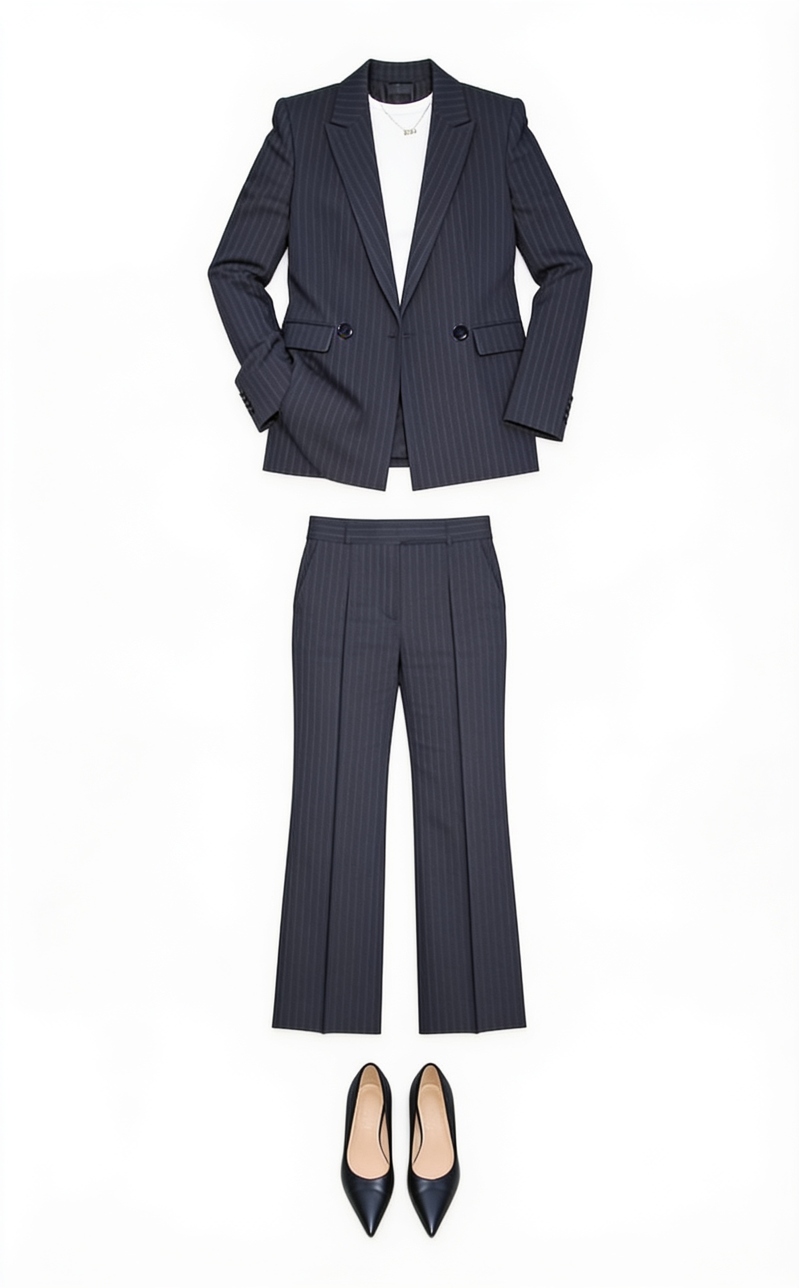 Charcoal trouser suit and white blouse