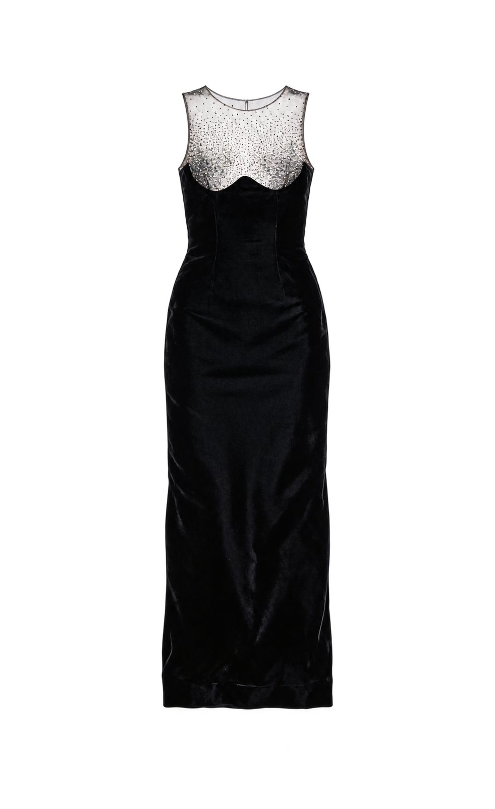 Black gown with sheer embellished neckline
