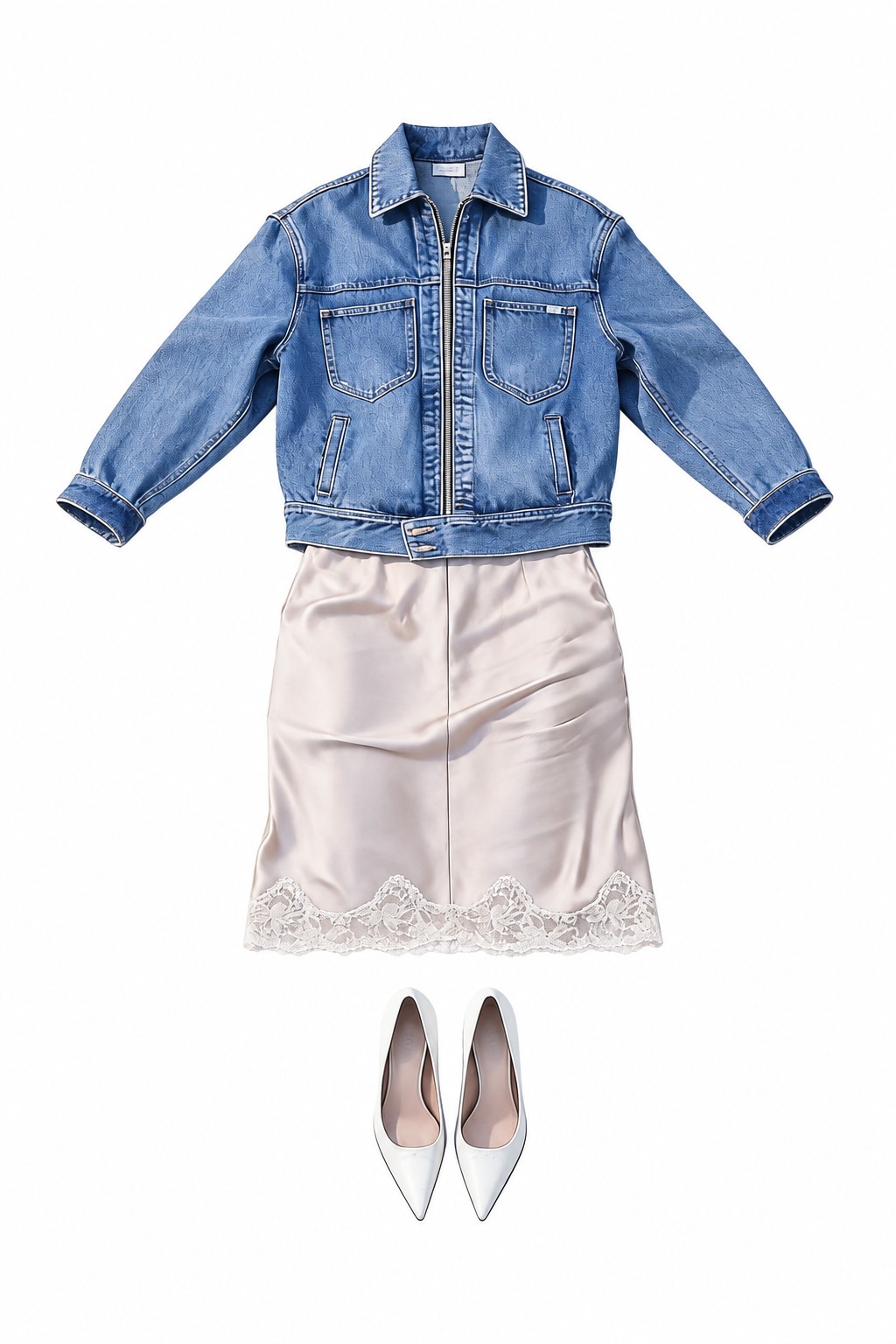Denim bomber jacket and lace-trim skirt