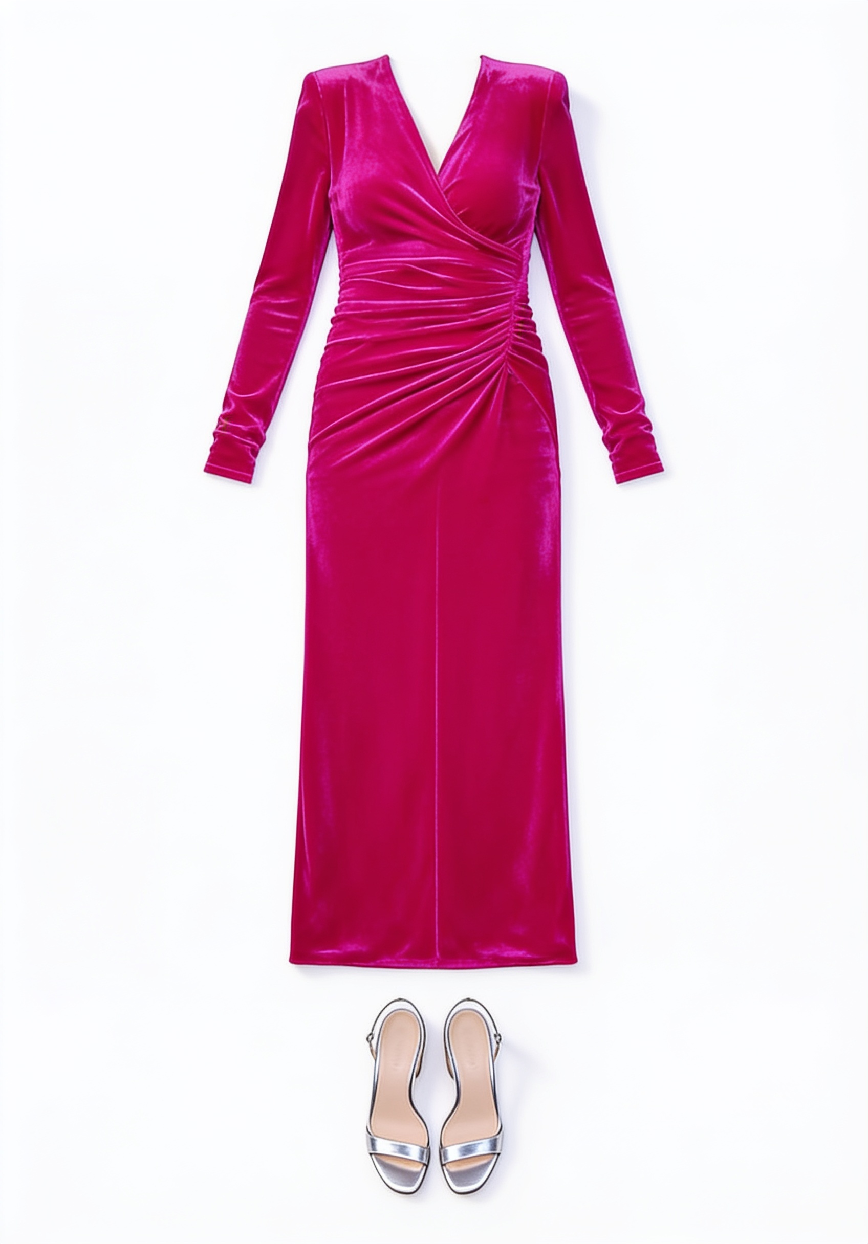 Fuchsia ruched long-sleeve midi dress