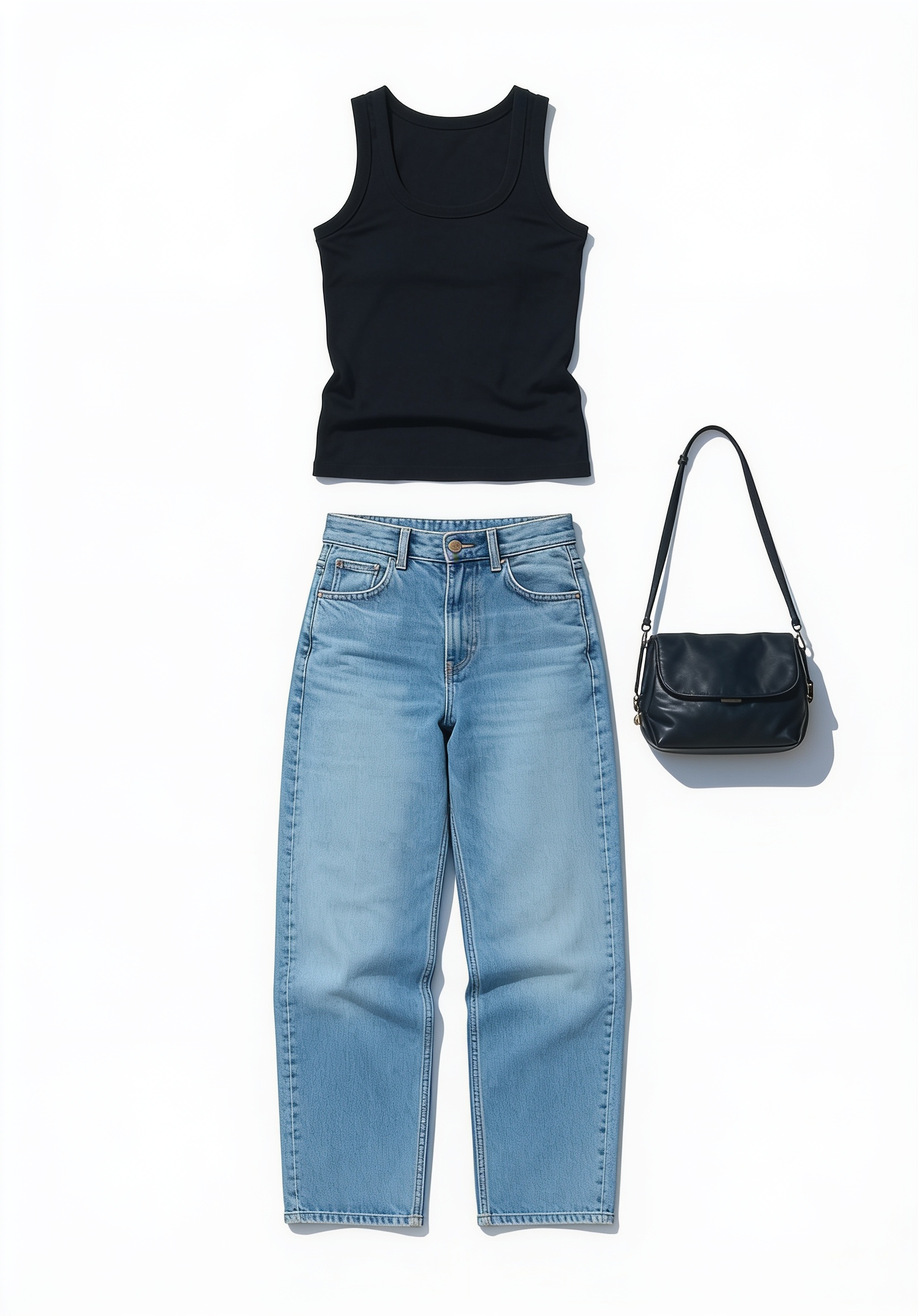 Black tank and relaxed blue jeans